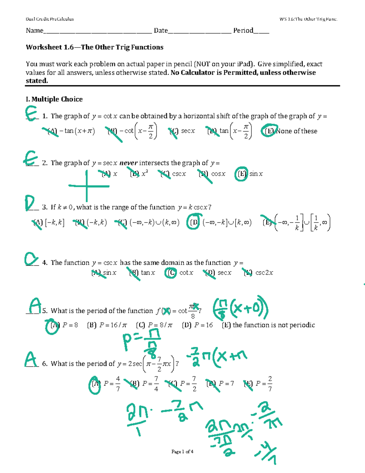 Double Dual 1.6 The Other Trig Functions WS - Page 1 of 4 - Studocu