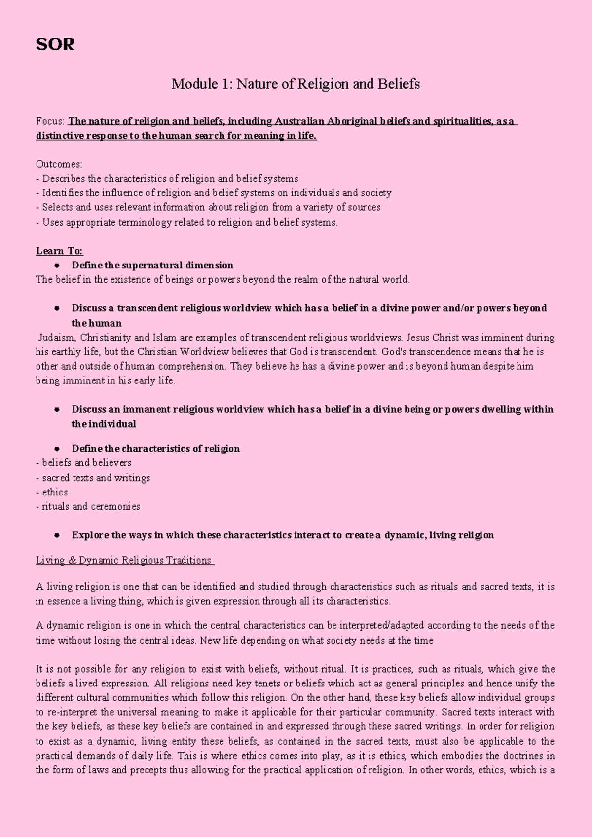 Copy of SOR Notes - SOR Module 1: Nature of Religion and Beliefs Focus ...