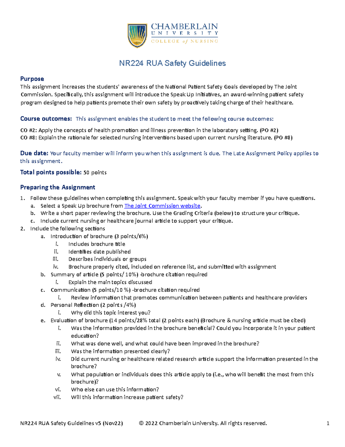 rua safety goals assignment