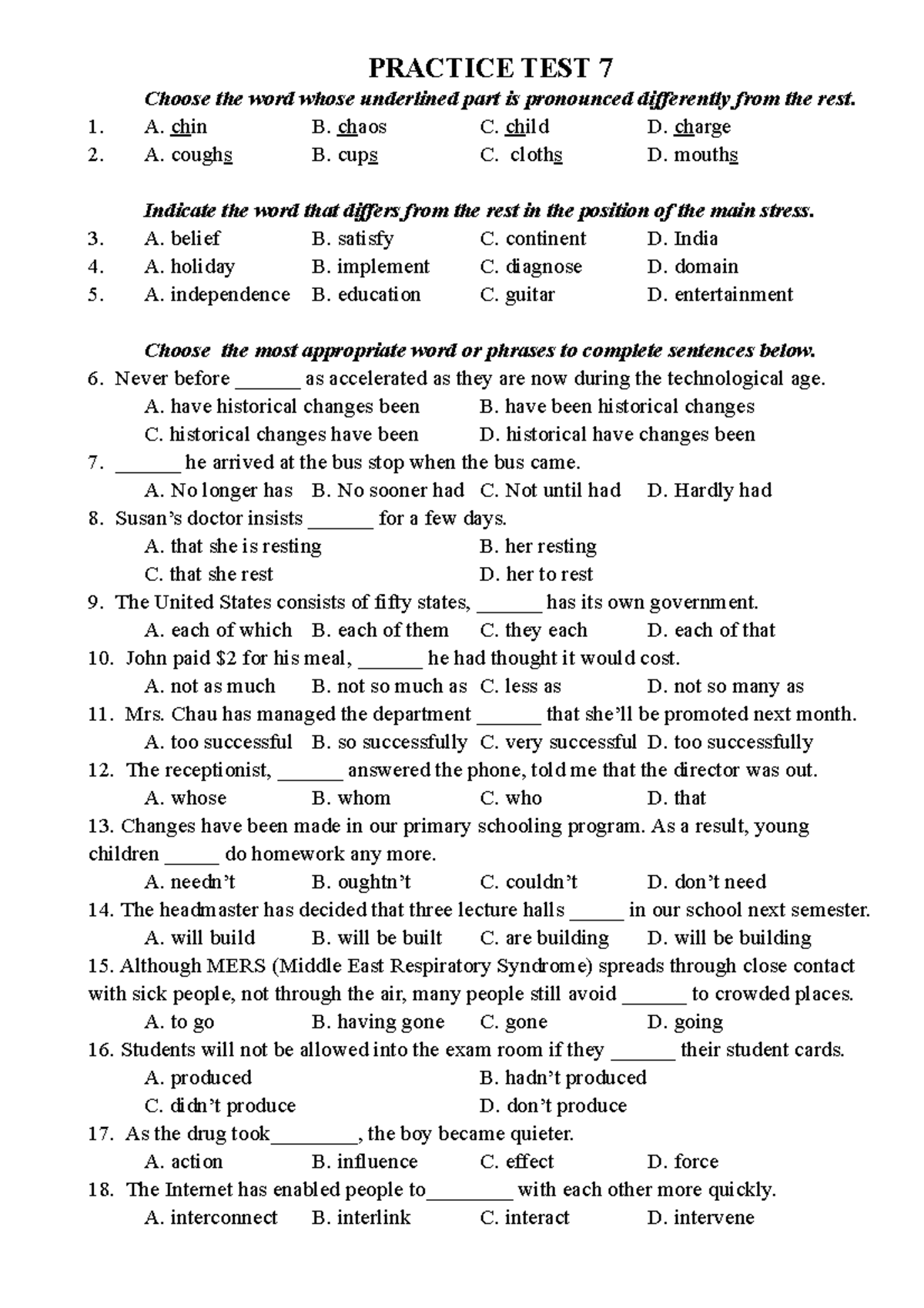 T7 - bài tập tiếng anh - PRACTICE TEST 7 Choose the word whose ...