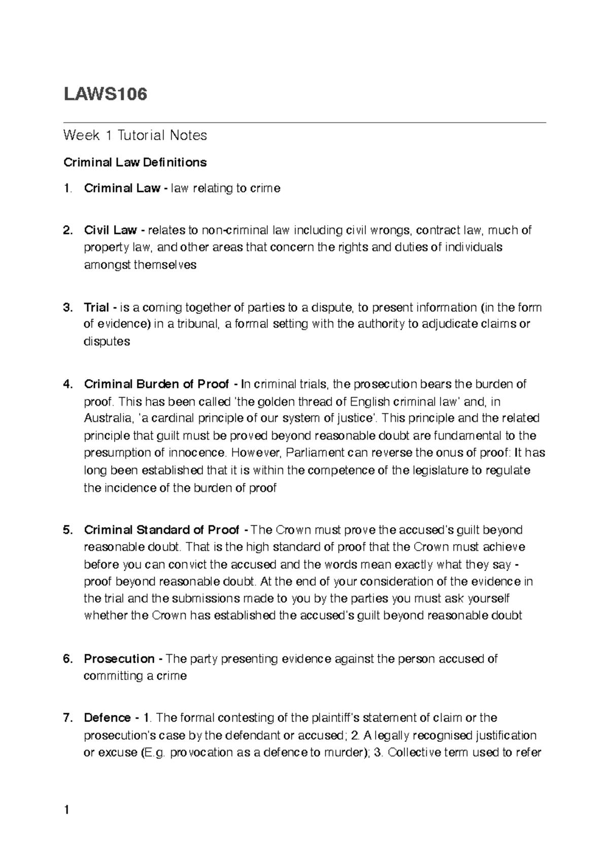 WK1 Criminal Law Definitions LAWS Week 1 Tutorial Notes Criminal
