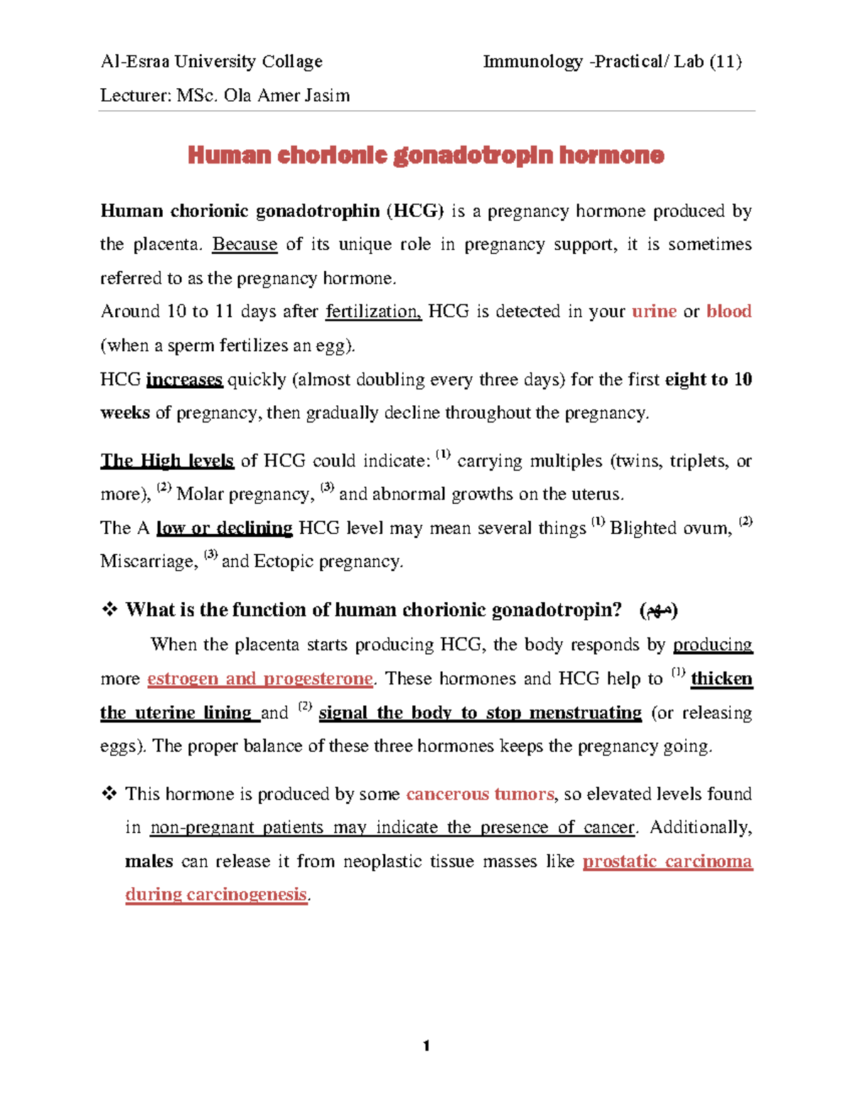 Human chorionic gonadotropin hormone - Lecturer: MSc. Ola Amer Jasim ...