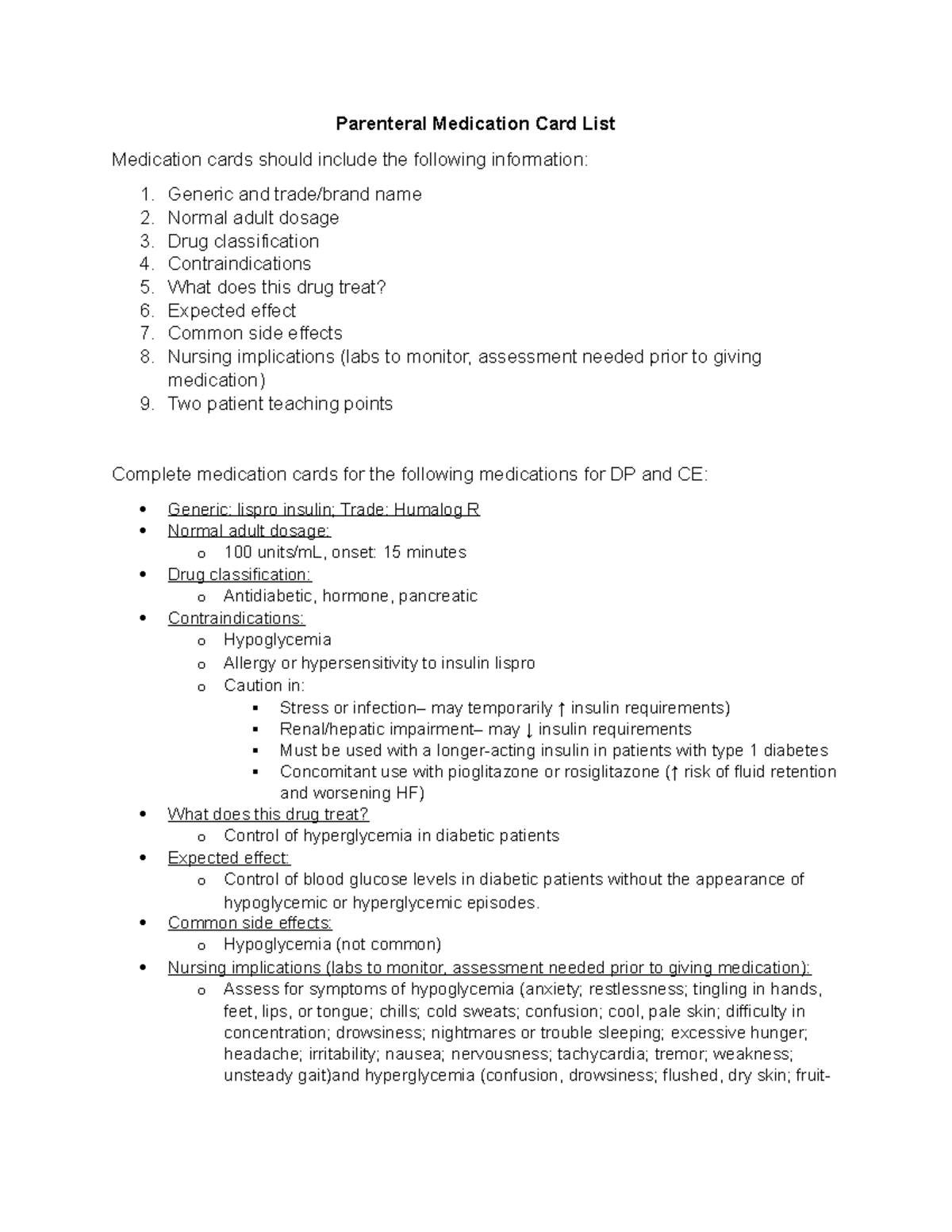 CE Parenteral Medication Card List - Parenteral Medication Card List ...