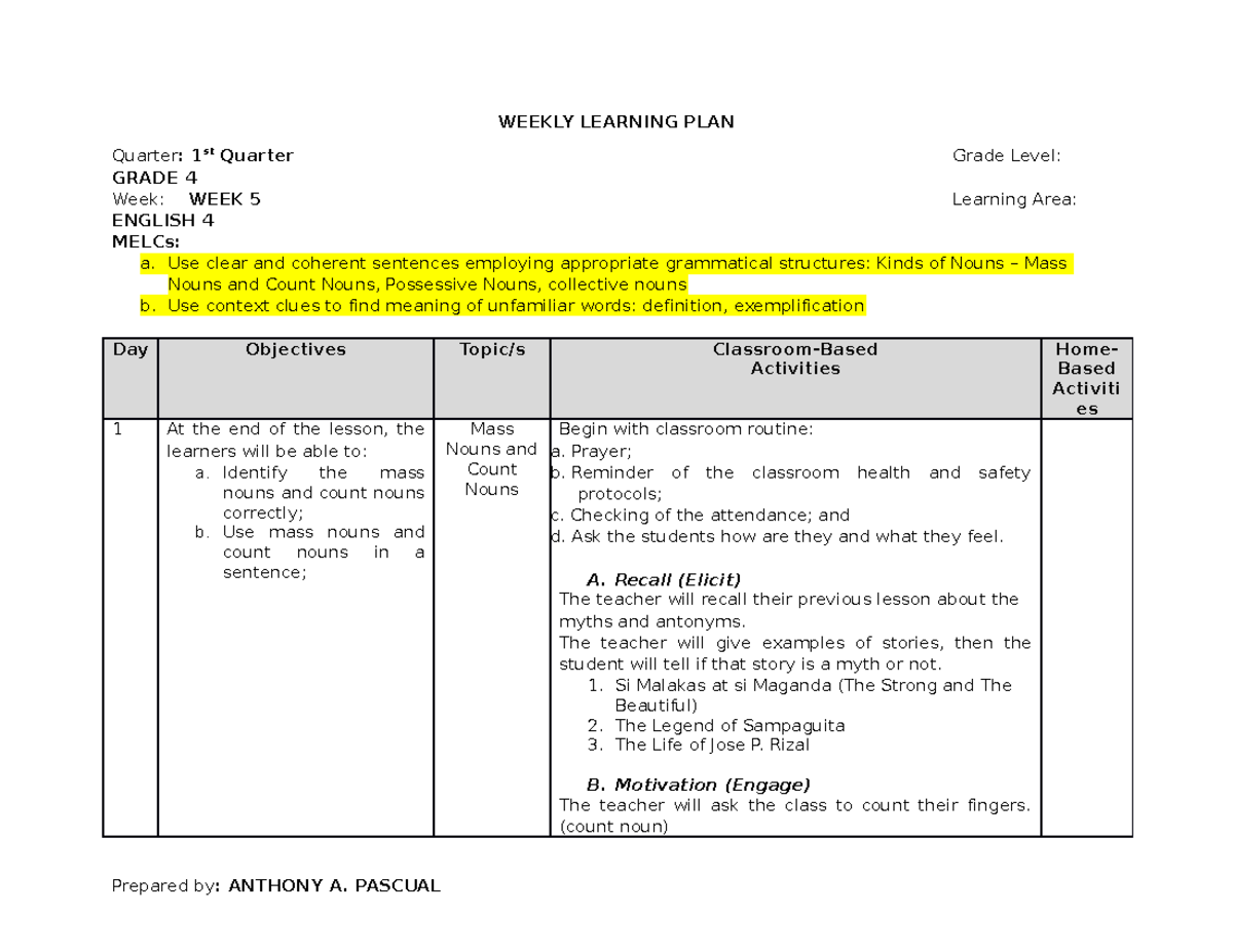 Wlp Eng4 W5 Weekly Learning Plan Weekly Learning Plan Quarter 1st Quarter Grade Level 5584