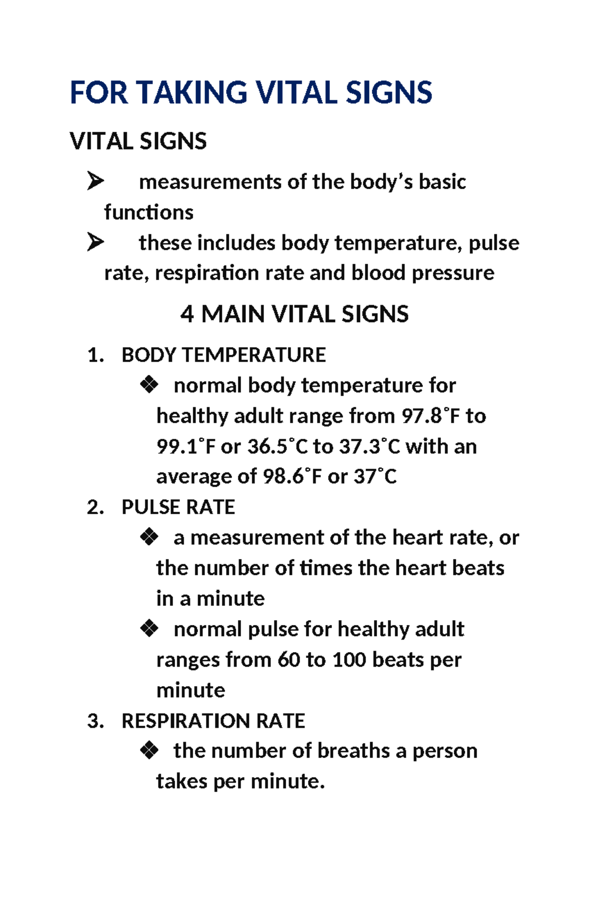 FOR Taking Vital Signs - FOR TAKING VITAL SIGNS VITAL SIGNS ...