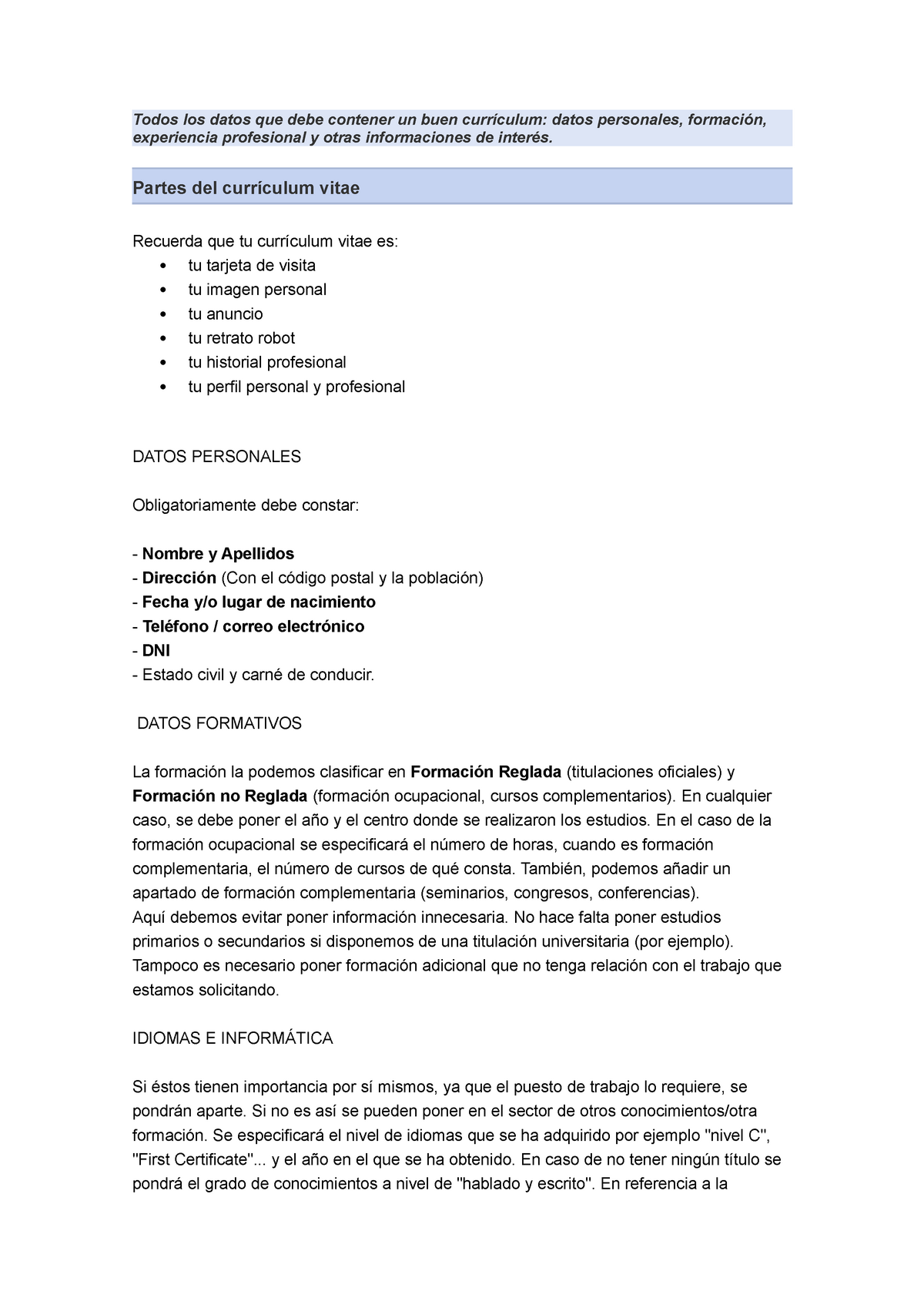 Partes DEL Curriculum Vitae - Todos los datos que debe contener un buen