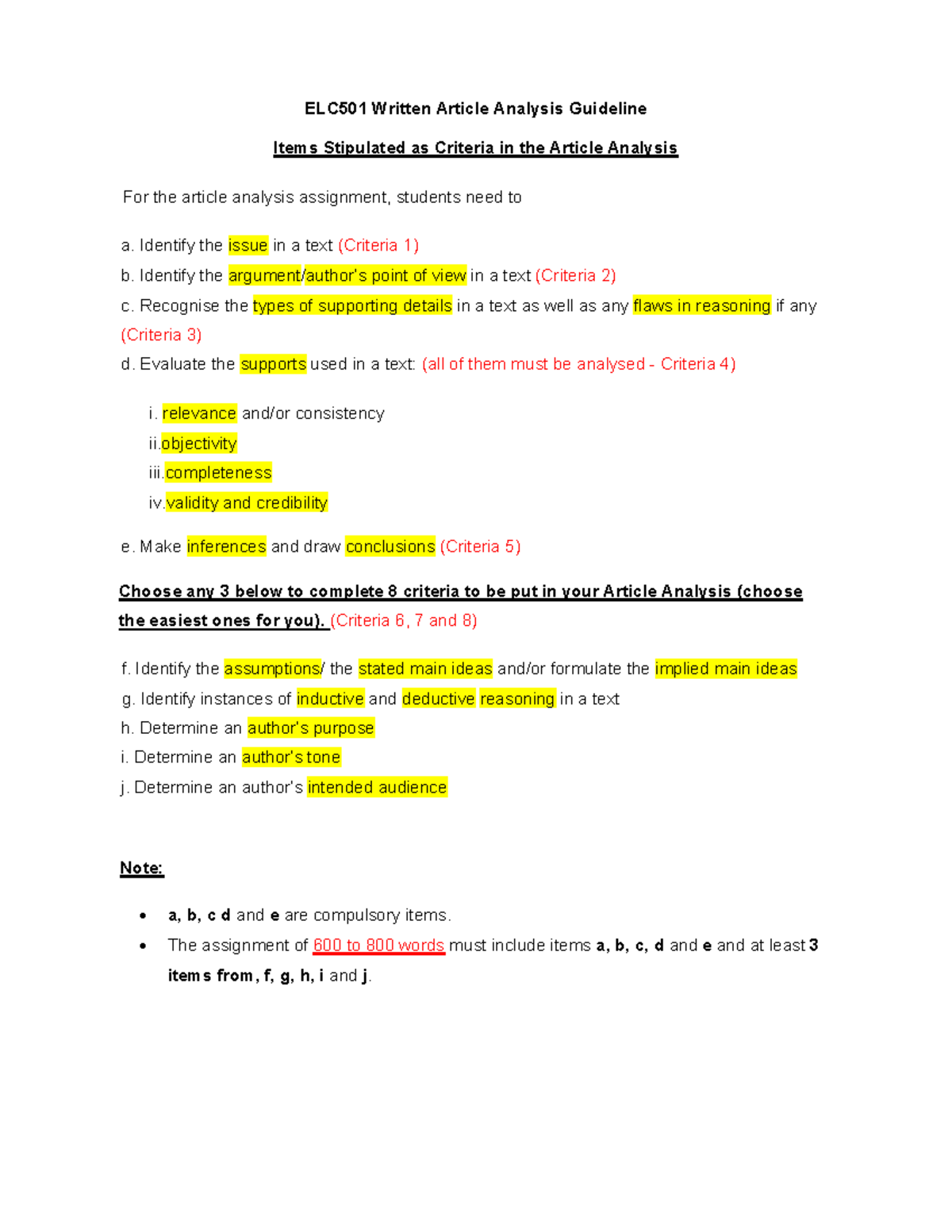 ELC501 Criteria FOR Written Article Analysis - ELC501 Written Article ...