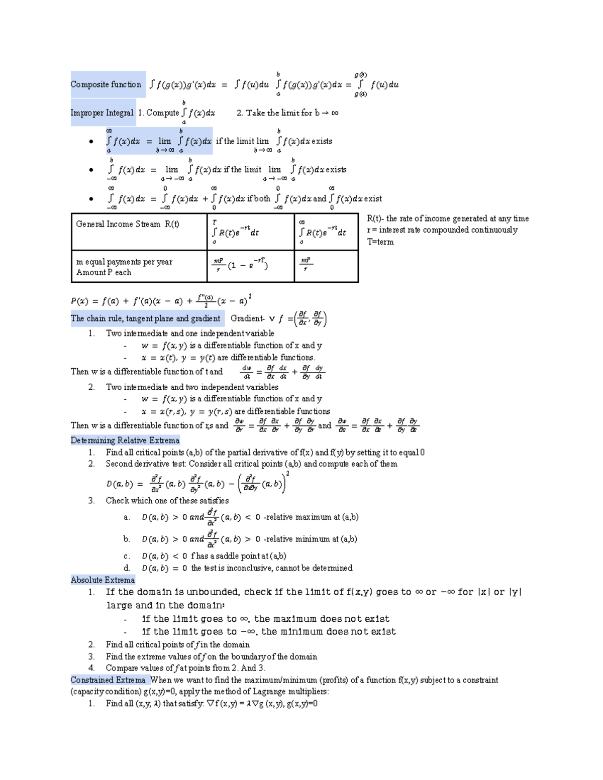 Calculus II Cheat Sheet - Composite function ∫ 𝑓(𝑔(𝑥))𝑔'(𝑥)𝑑𝑥 = ∫ 𝑓(𝑢 ...