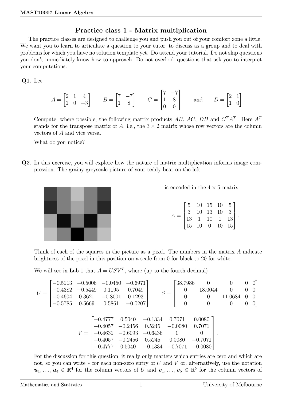 Tutorial 1 Matrix Multiplication - MAST10007 Linear Algebra Practice ...