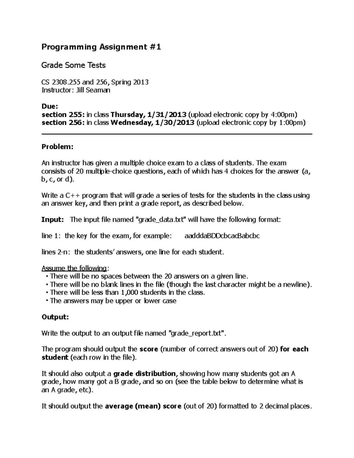 Assignment 1 - Programming Assignment Grade Some Tests CS 2308 and 256 ...