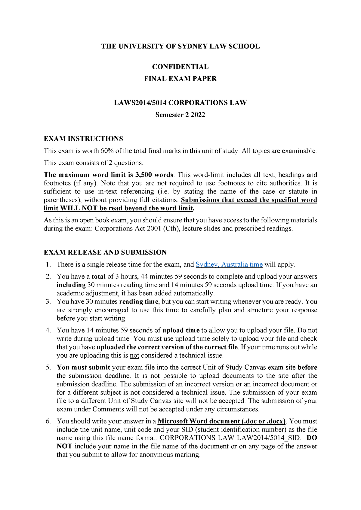 LAWS2014 5014 Corporations Law Final EXAM S2 2022 1009570465 THE