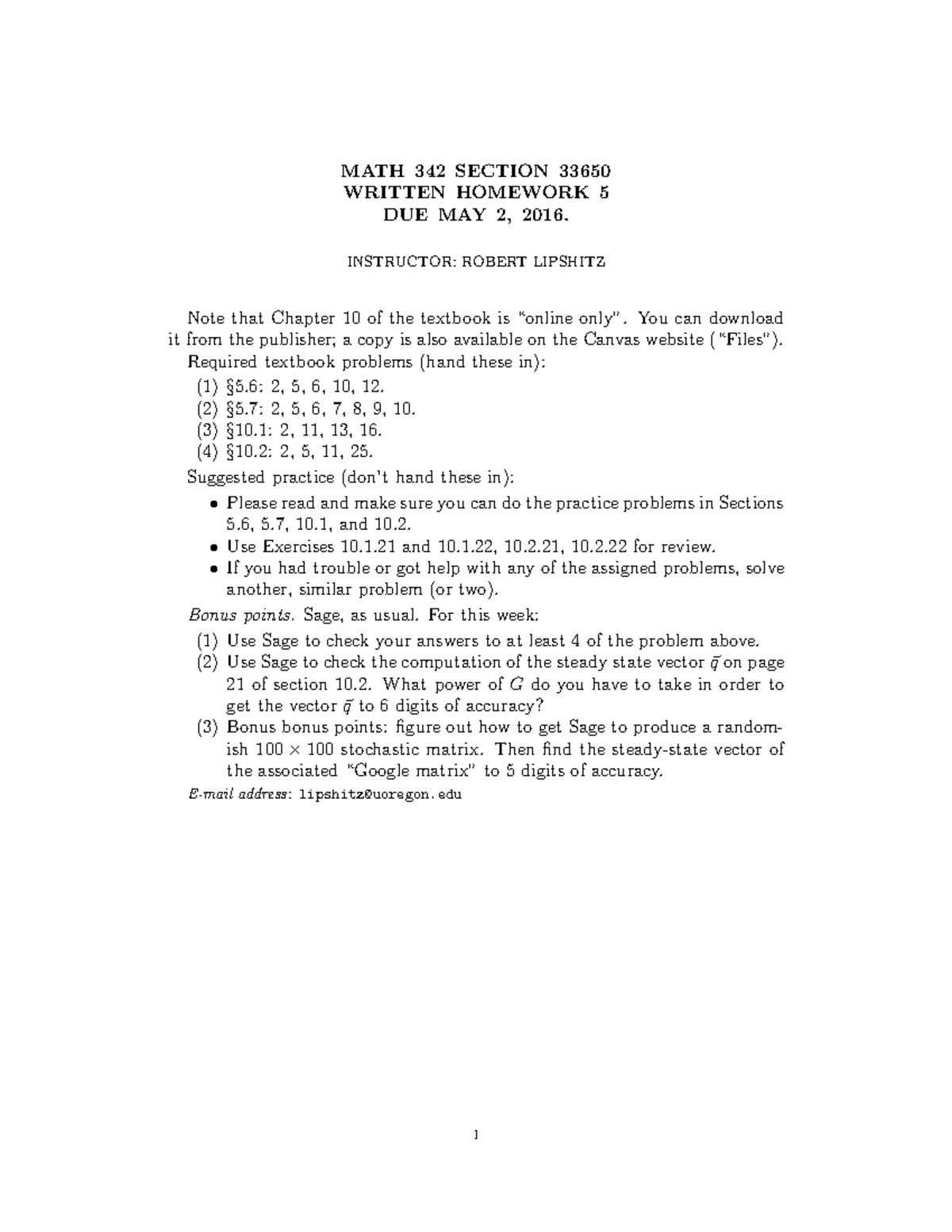 HW5 - Homework assignment 5 - MATH 342 SECTION 33650 WRITTEN HOMEWORK 5 ...