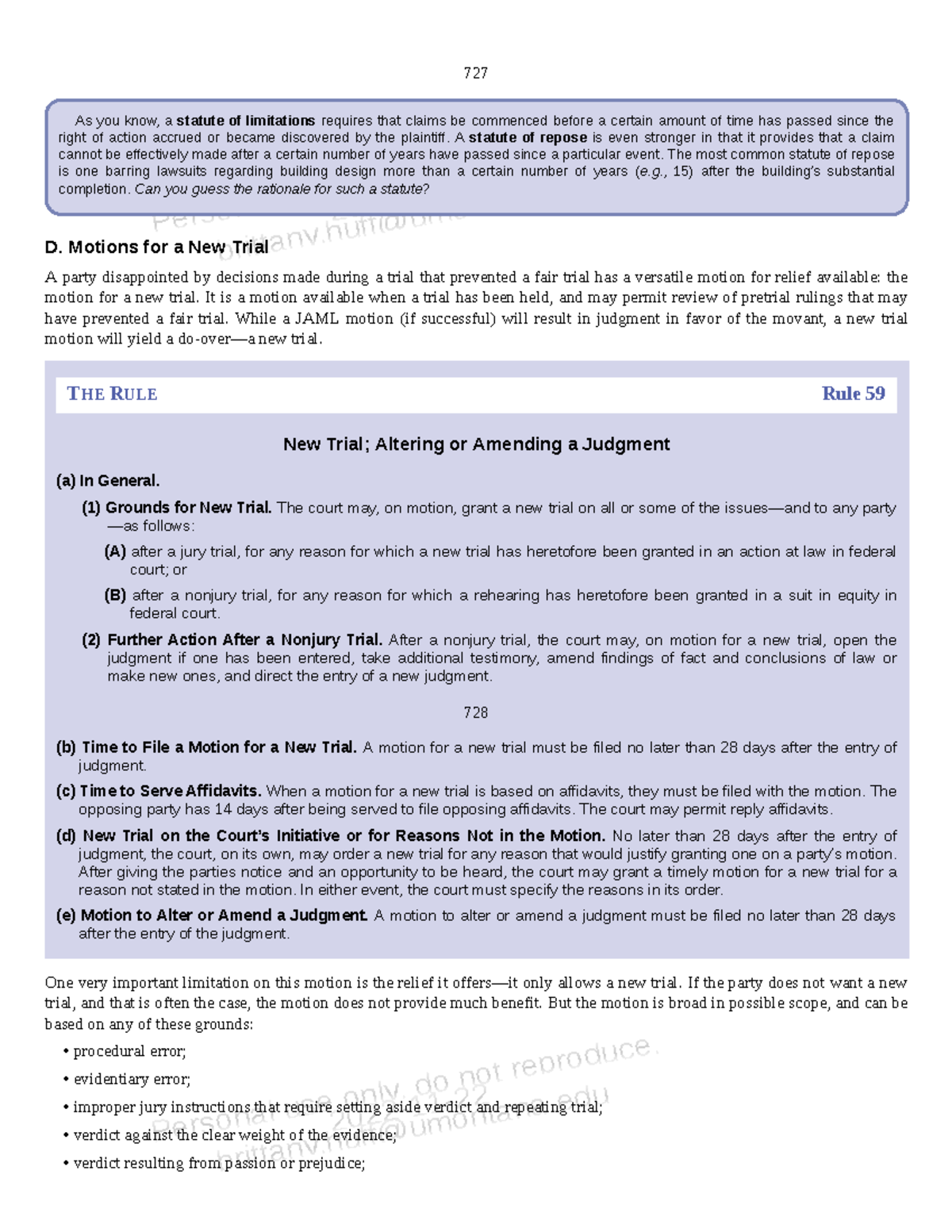 LCP 727-748 - Civil Procedure Craig Cowie Fall 2022 - Rule 59 727 As ...