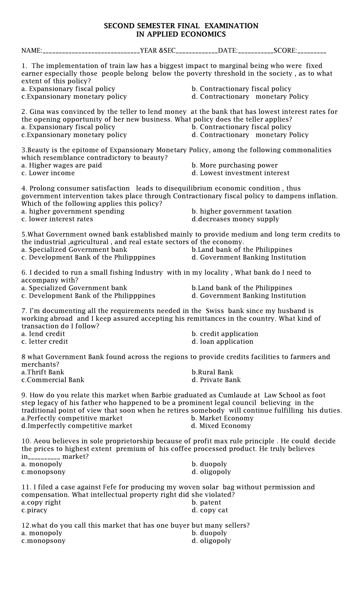 Second Semester Final Examination IN Applied Economics - SECOND ...