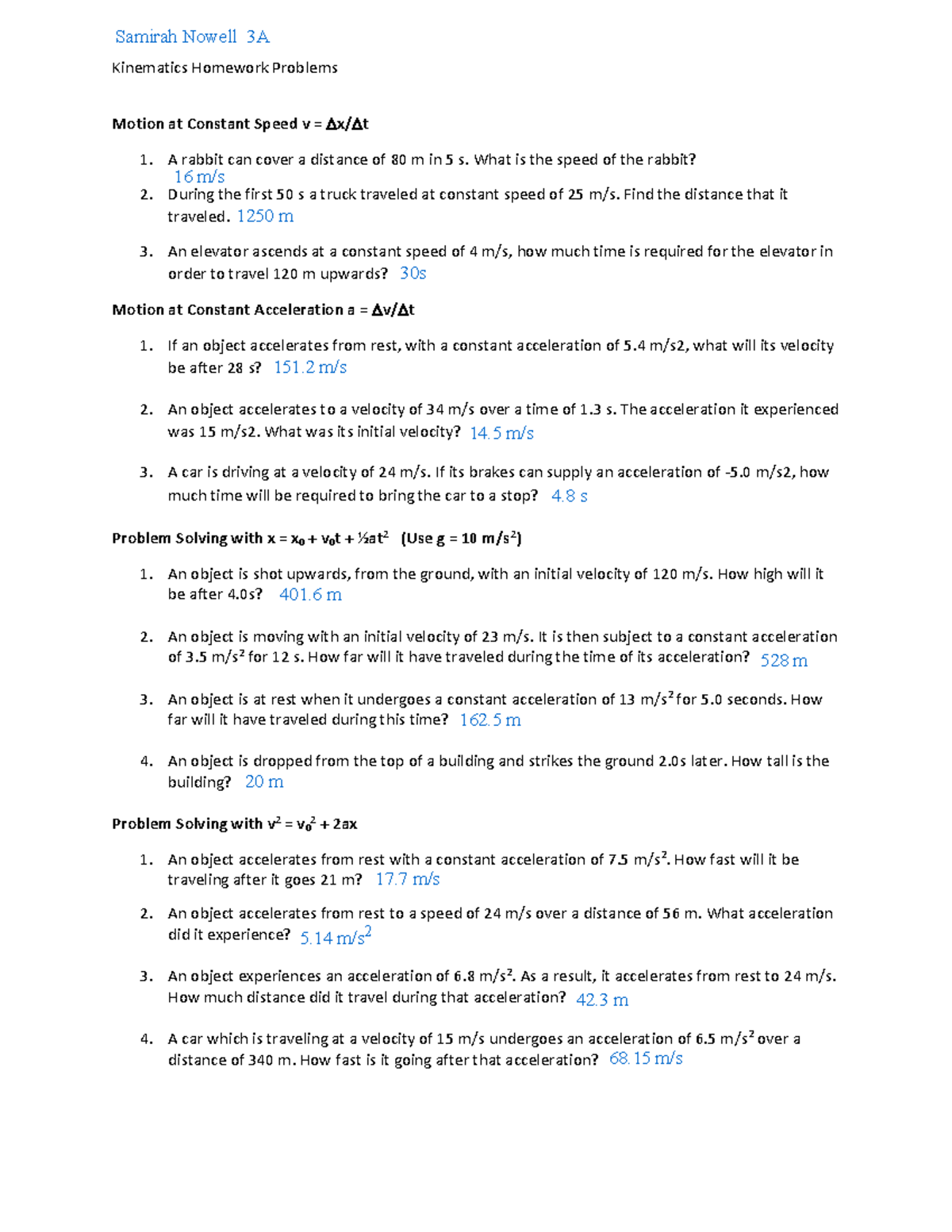 Kinematics HW Problems - Kinematics Homework Problems Motion at ...