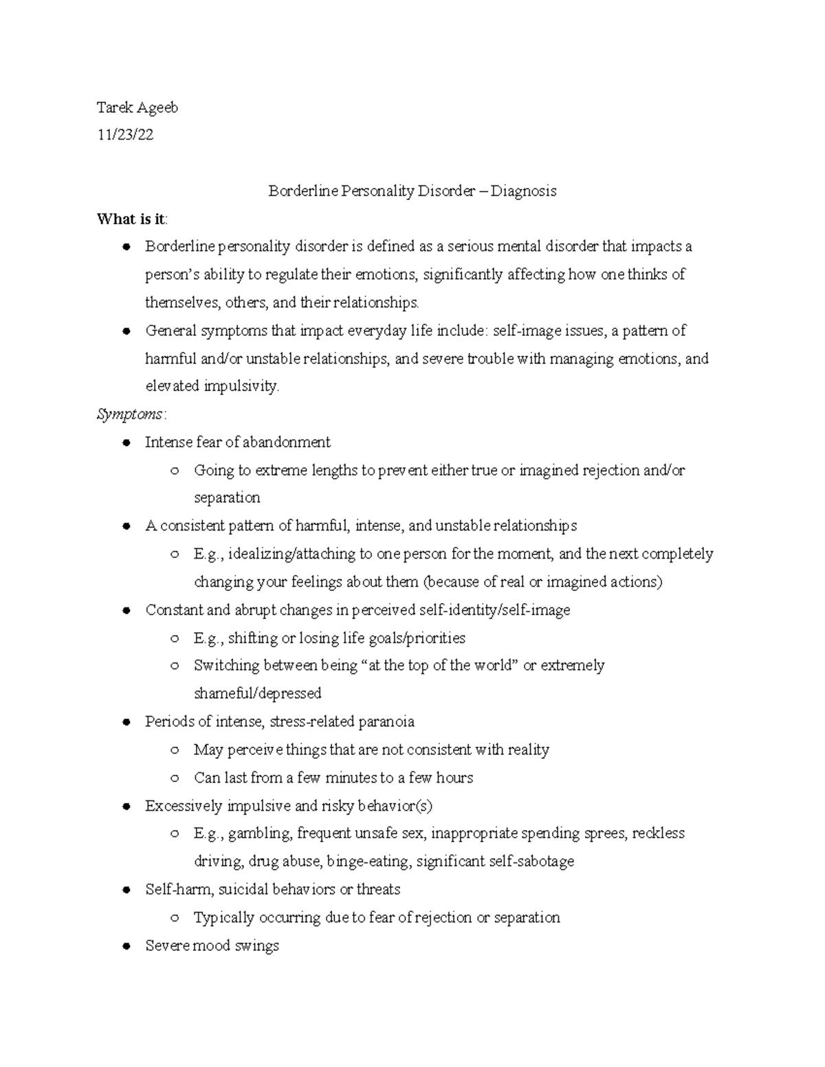 BPD Research - Psych Disorders Presentation - Tarek Ageeb 11/23 ...