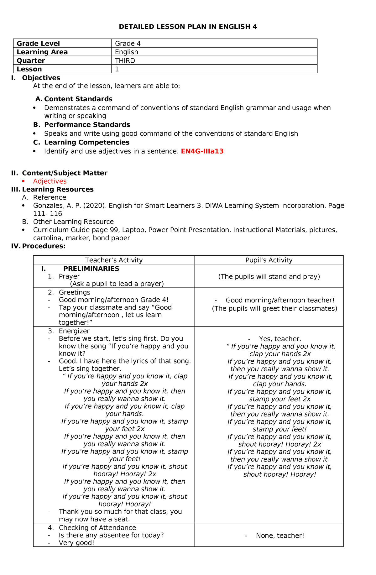 Lp- Cindy - Lesson Plan - Detailed Lesson Plan In English 4 Grade Level 