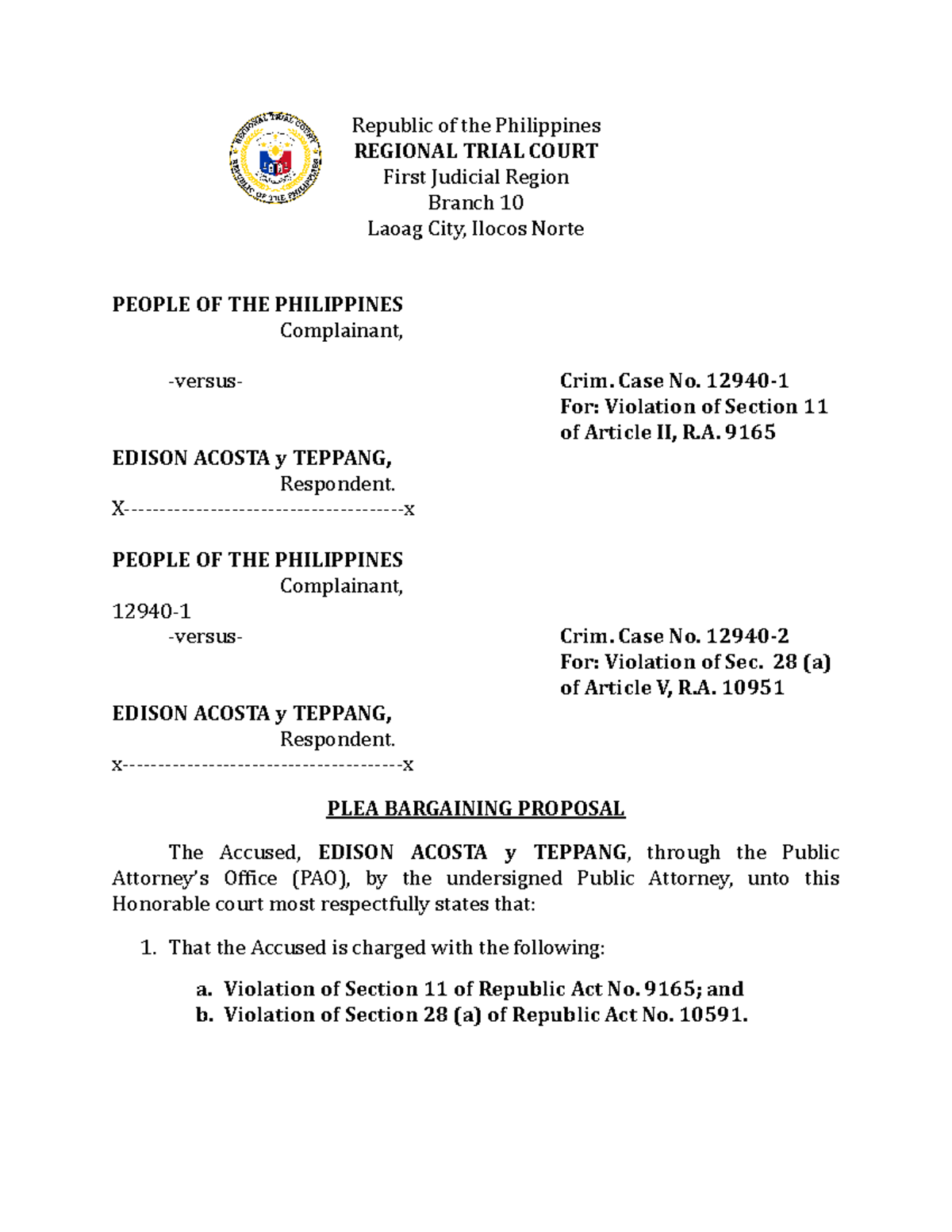 Acosta plea bargain - crim - Republic of the Philippines REGIONAL TRIAL ...