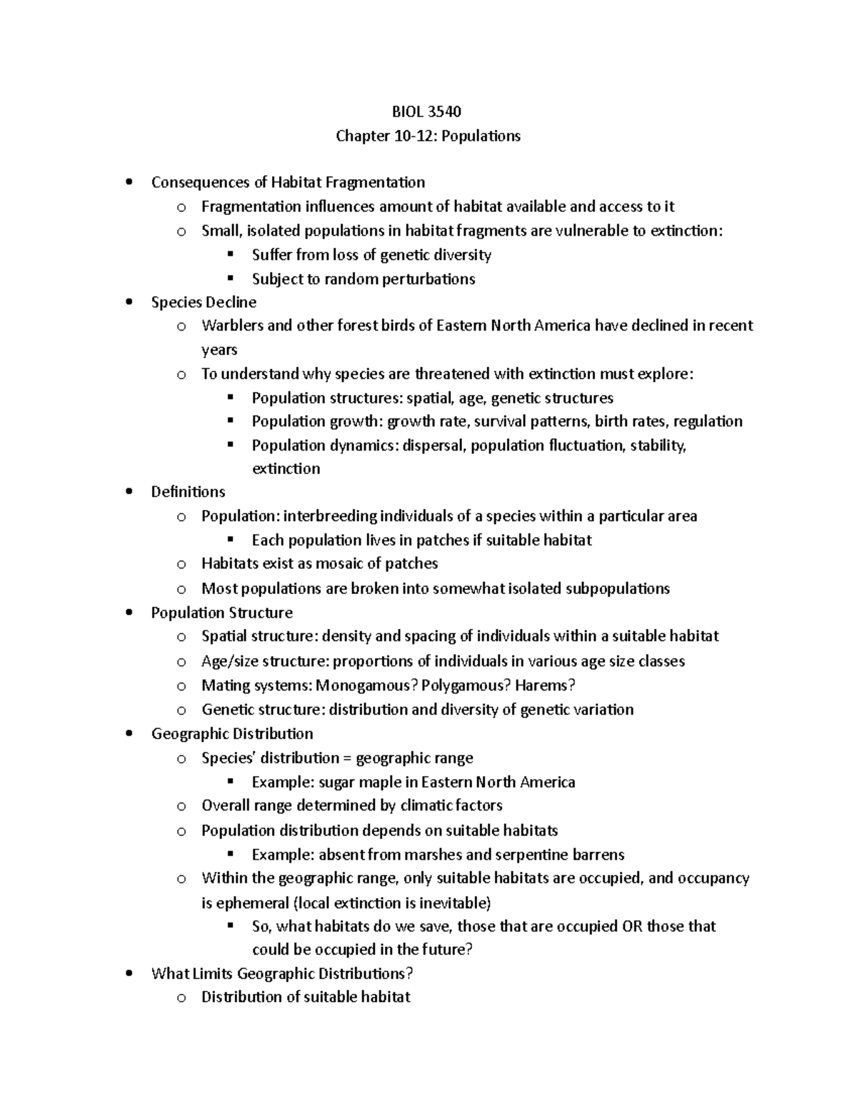 Chapter 10-12 Notes - BIOL 3540 Chapter 10-12: Populations Consequences ...