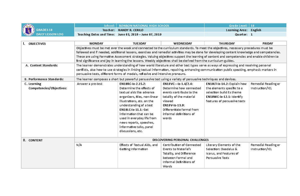 DLL 1st Quarter - English 10 Daily Lesson LOg - GRADES 10 DAILY LESSON ...