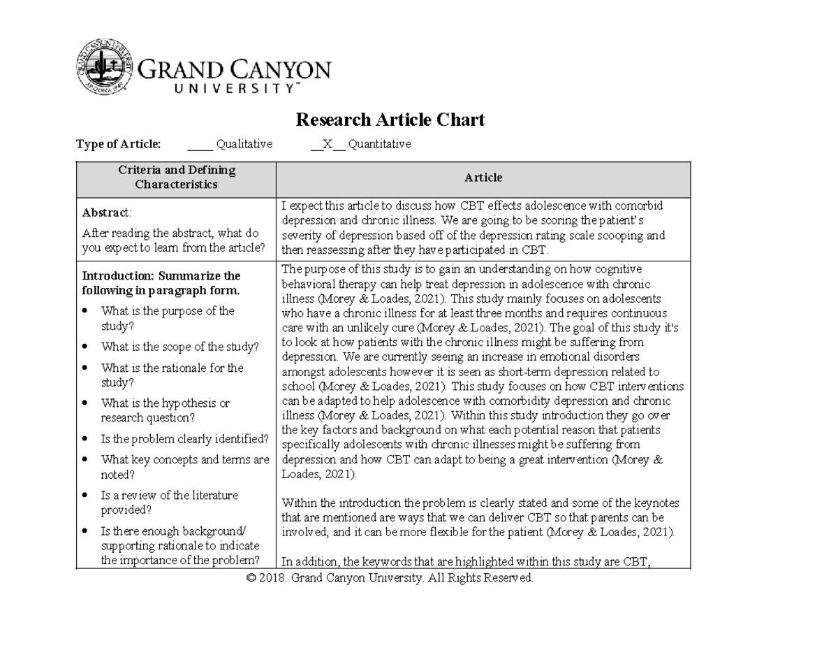 Quantitiative article - Research Article Chart Type of Article ...