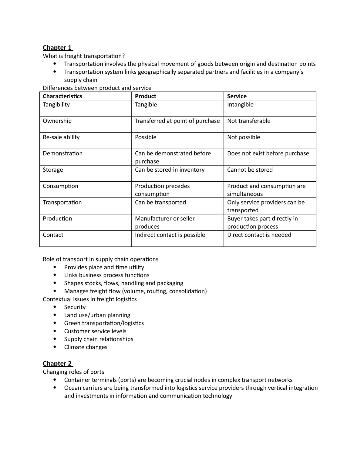 Notes chapter 1-6 - summary - Chapter 1 What is freight transportation ...