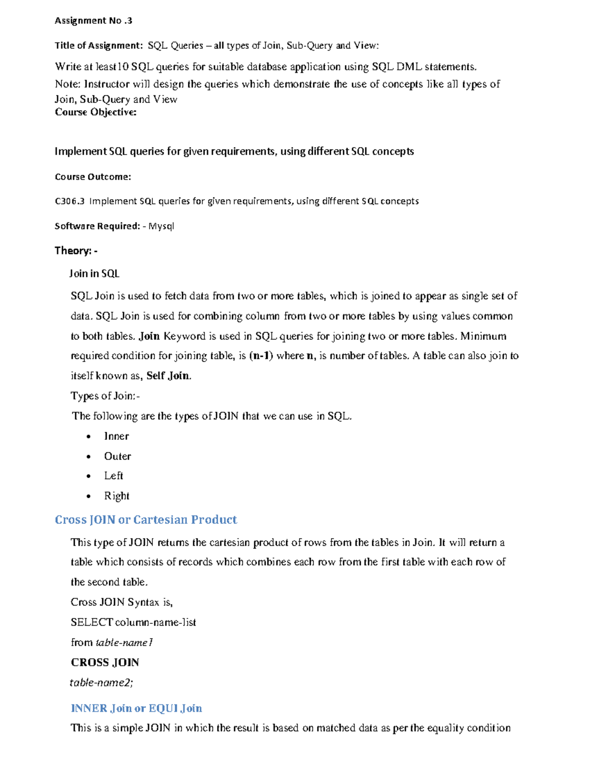 Assignment-no- 3 - dbms code - Assignment No. 3 Title of Assignment ...