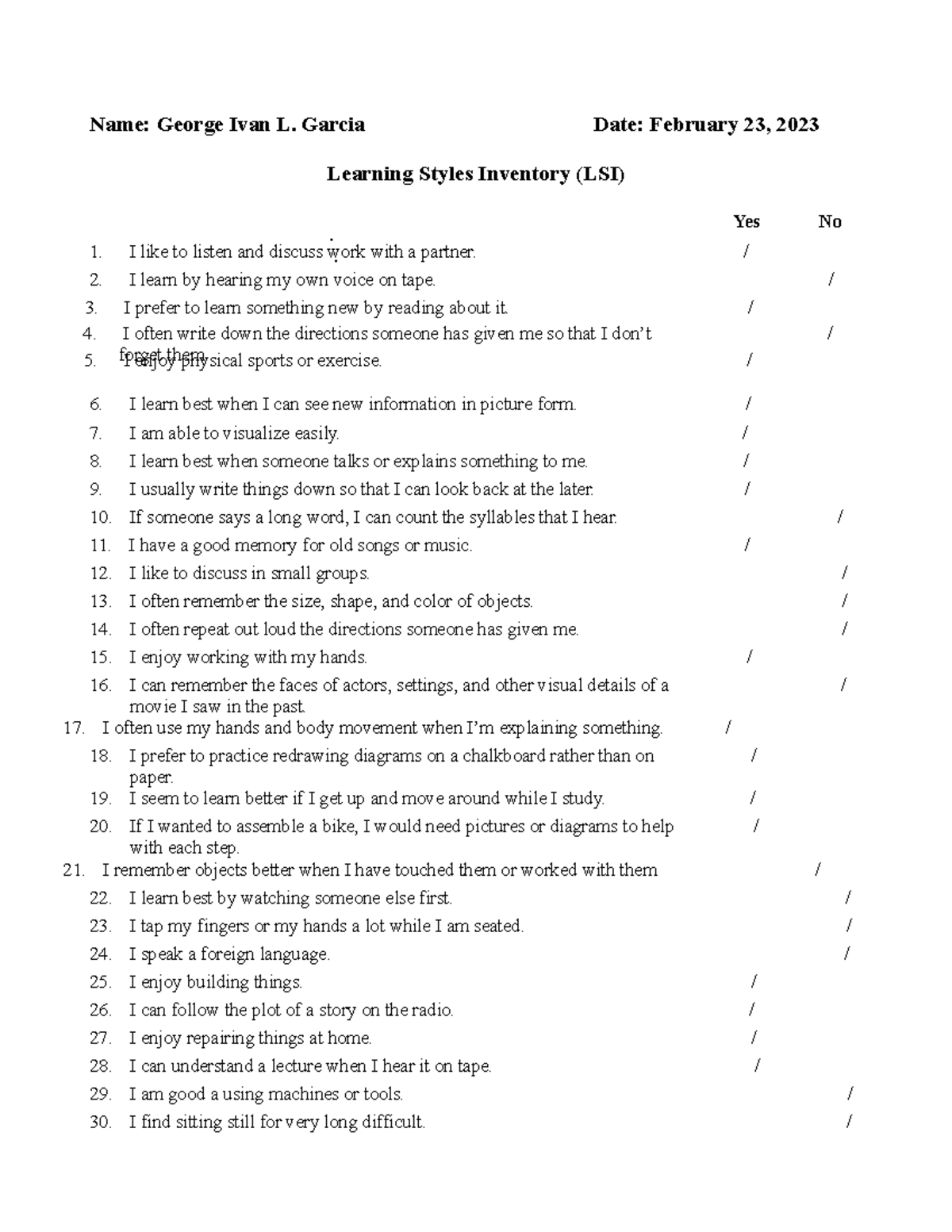Learning Style Inventory - / // Name: George Ivan L. Garcia Date ...