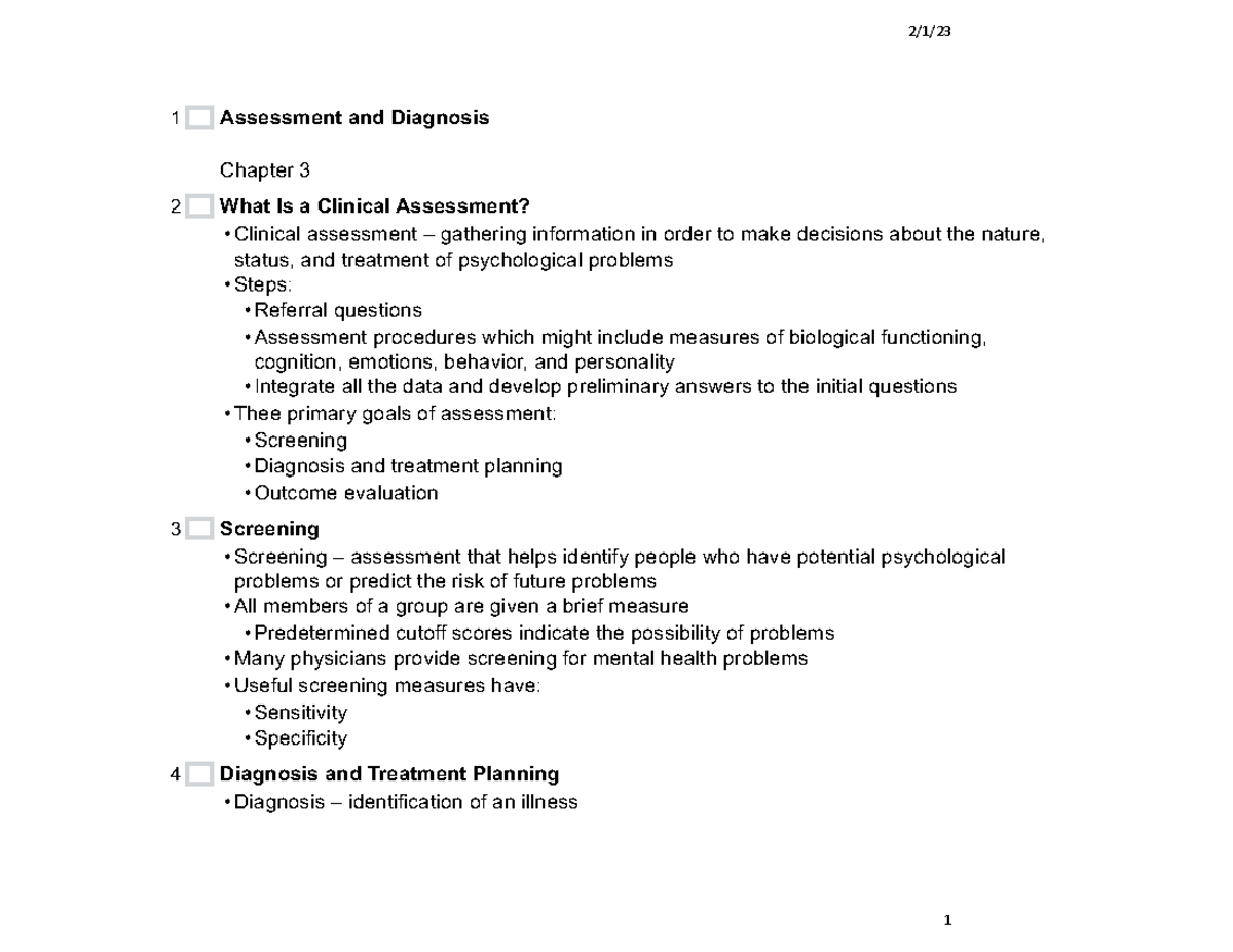 Chapter 3 outline - Prof. Terry - 2/1/ 1 Assessment and Diagnosis ...