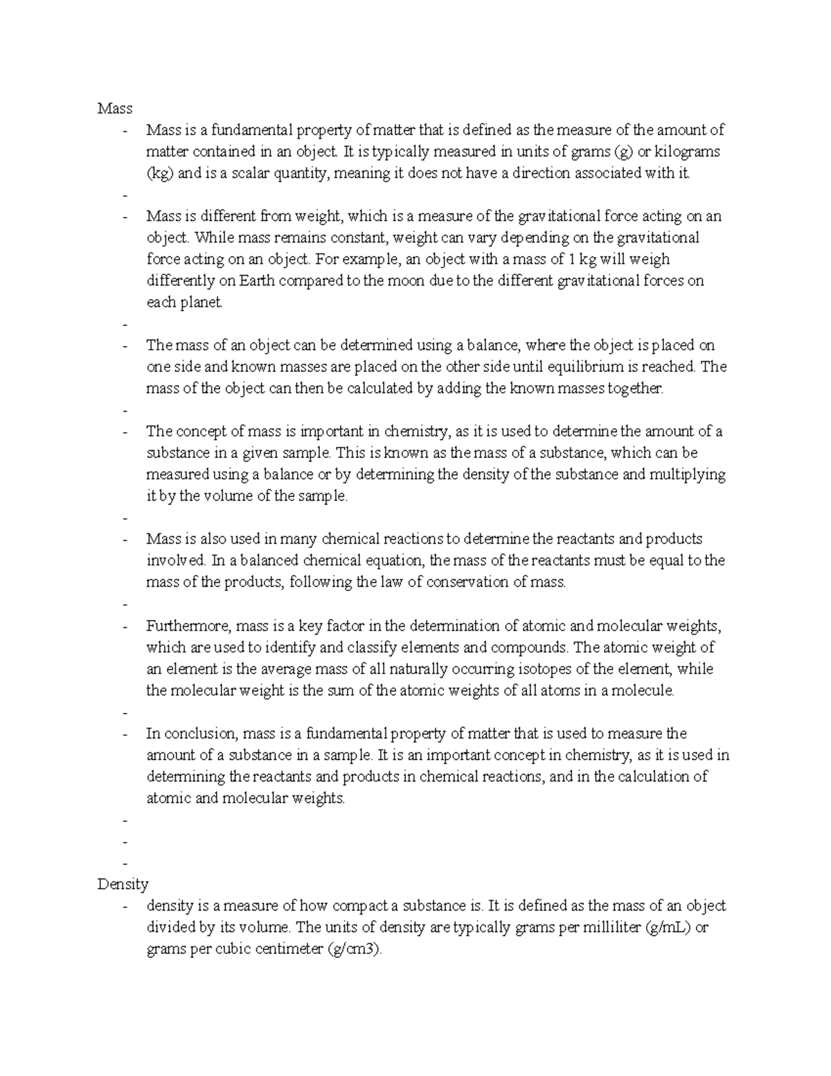 Density, mass, volume notes - Mass - Mass is a fundamental property of ...