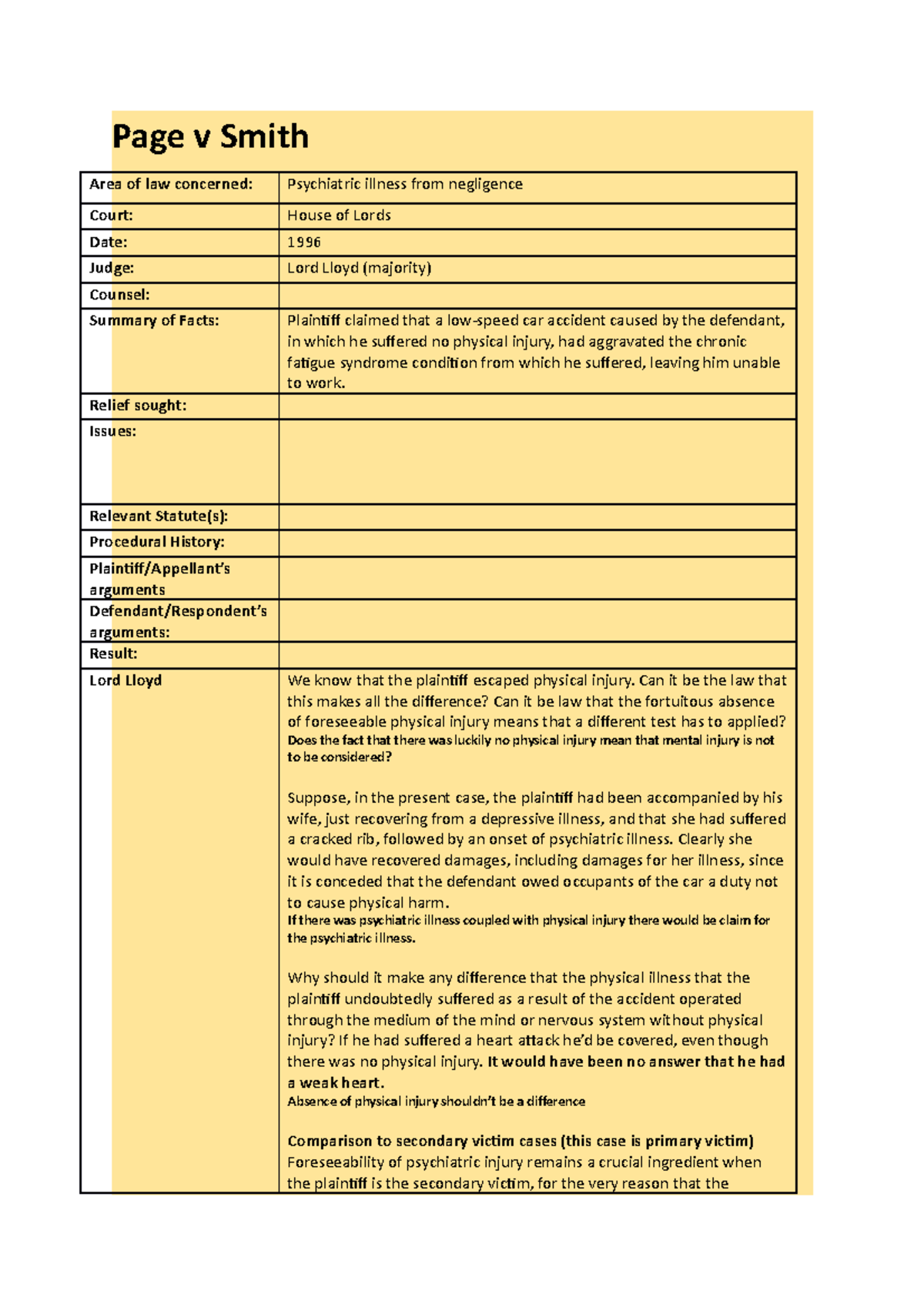Page v Smith Detailed case brief, including paragraphs and page