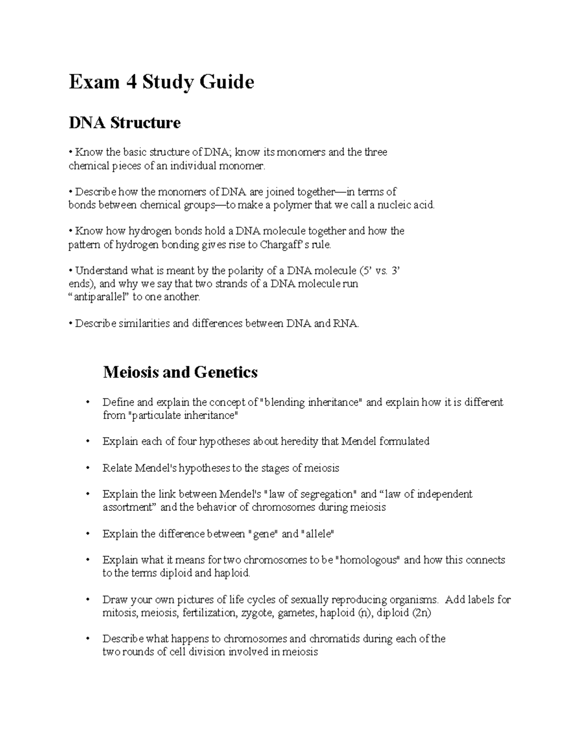 Exam 4 Study Guide 2023 - Exam 4 Study Guide DNA Structure • Know The ...