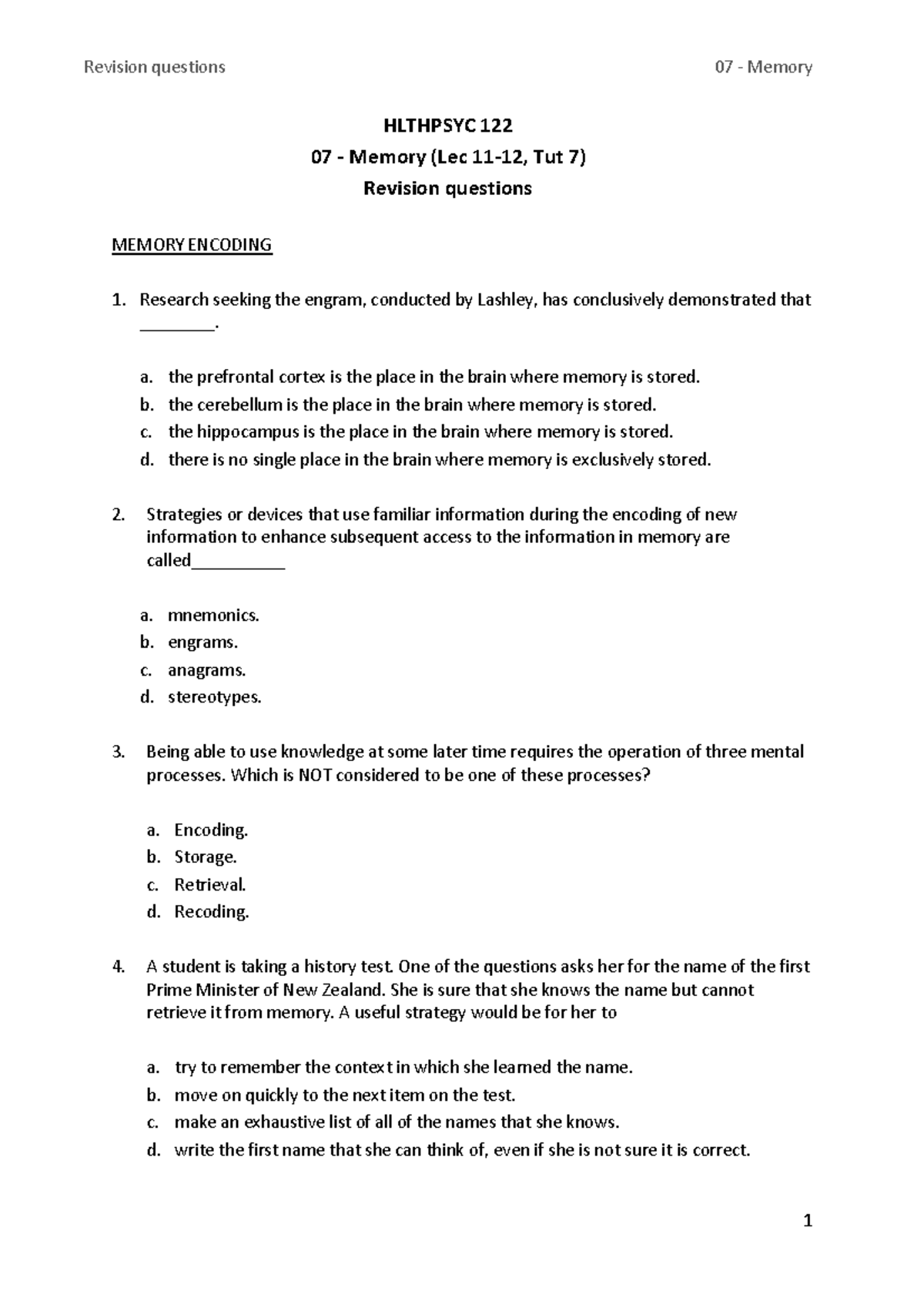 07 Memory Revision Questions 2021 - HLTHPSYC 122 07 - Memory (Lec 11-12 ...