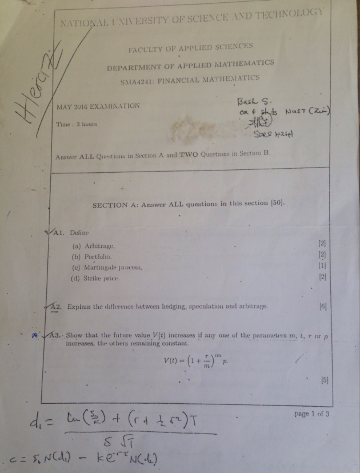 SMA 4241 2016 EXAM - financial maths question paper for NUST in 2016 ...