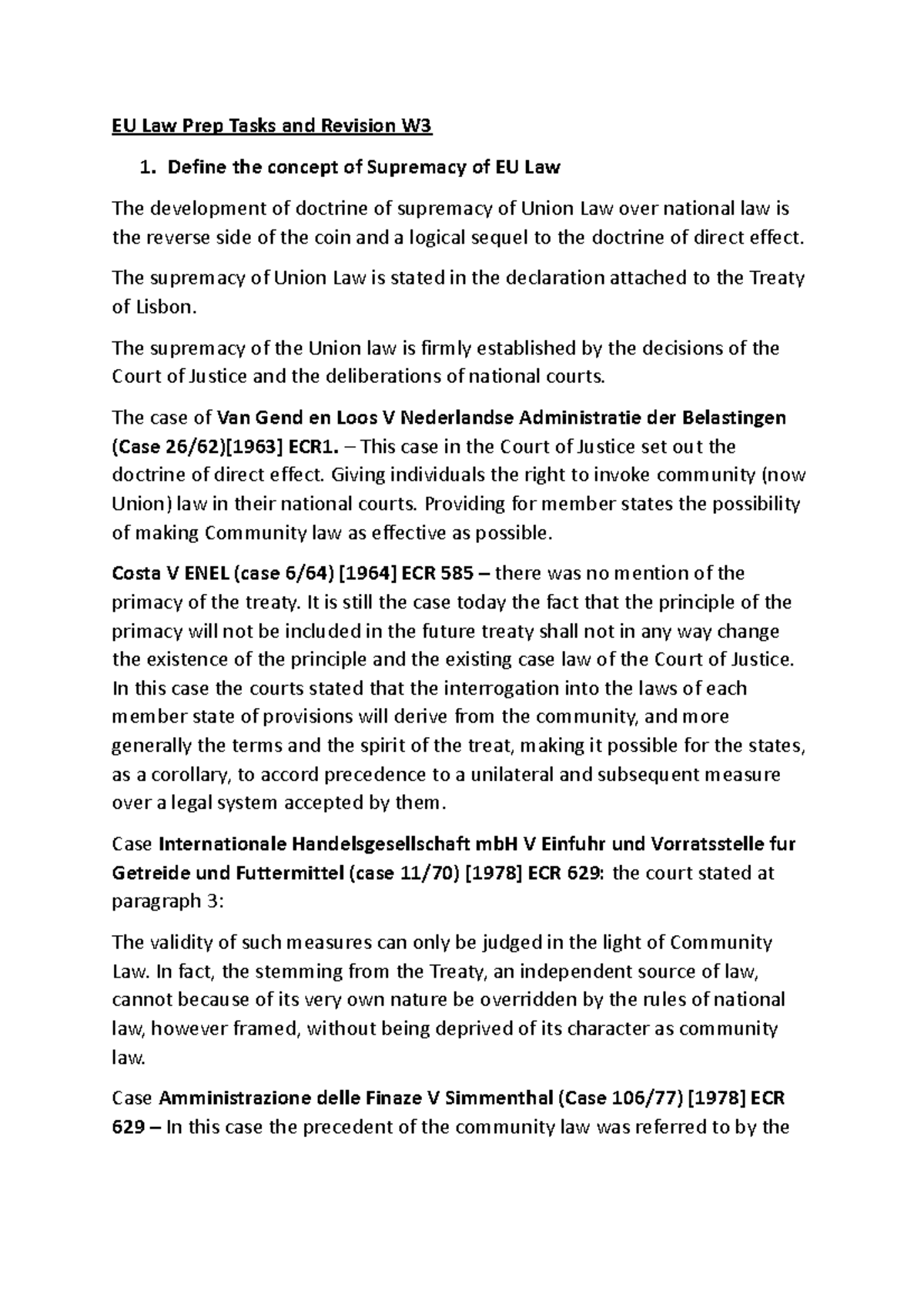 EU Law Prep Tasks and Revision W3 - Define the concept of Supremacy of ...