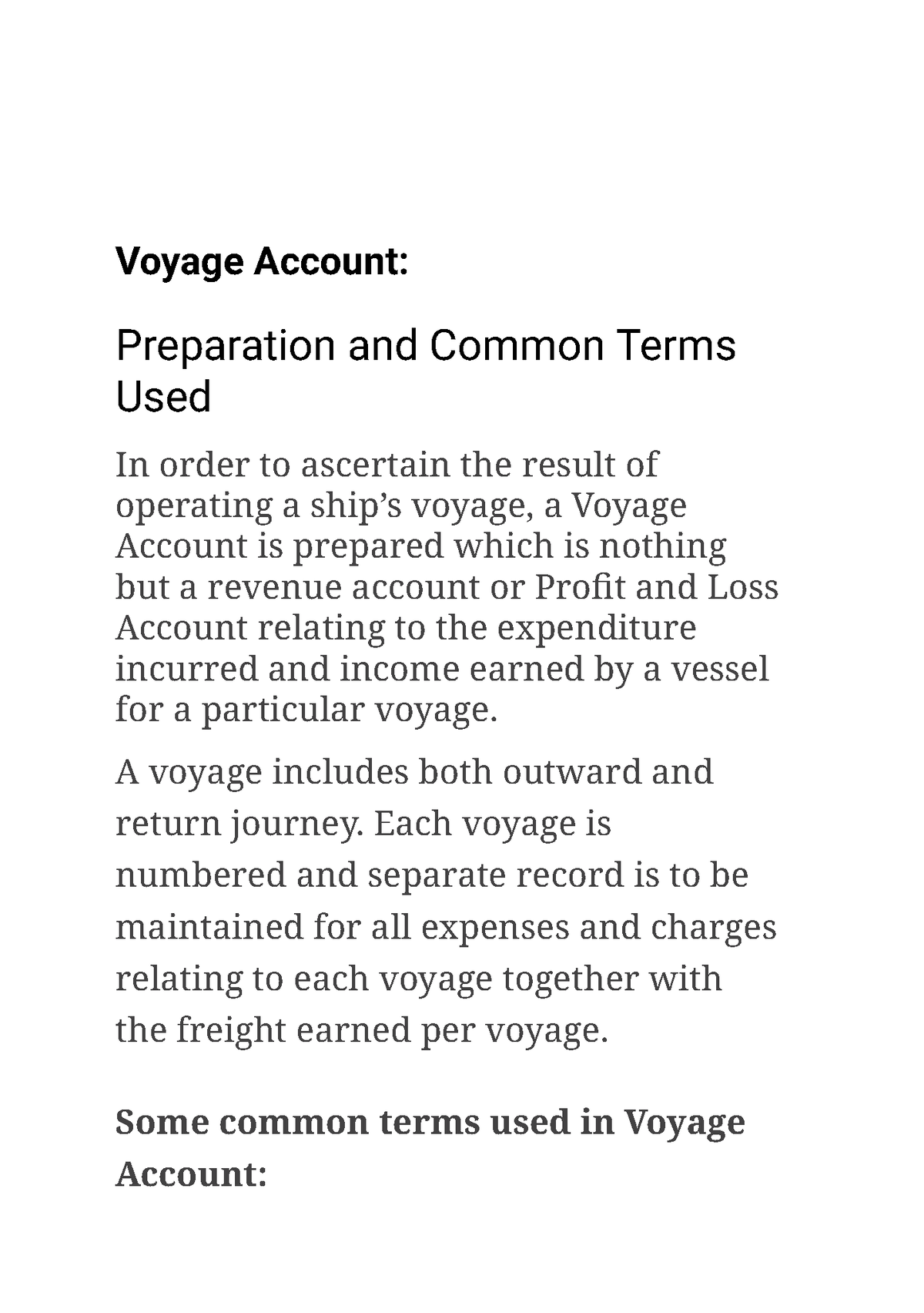 Voyage Account Voyage Account Preparation And Common Terms Used In 