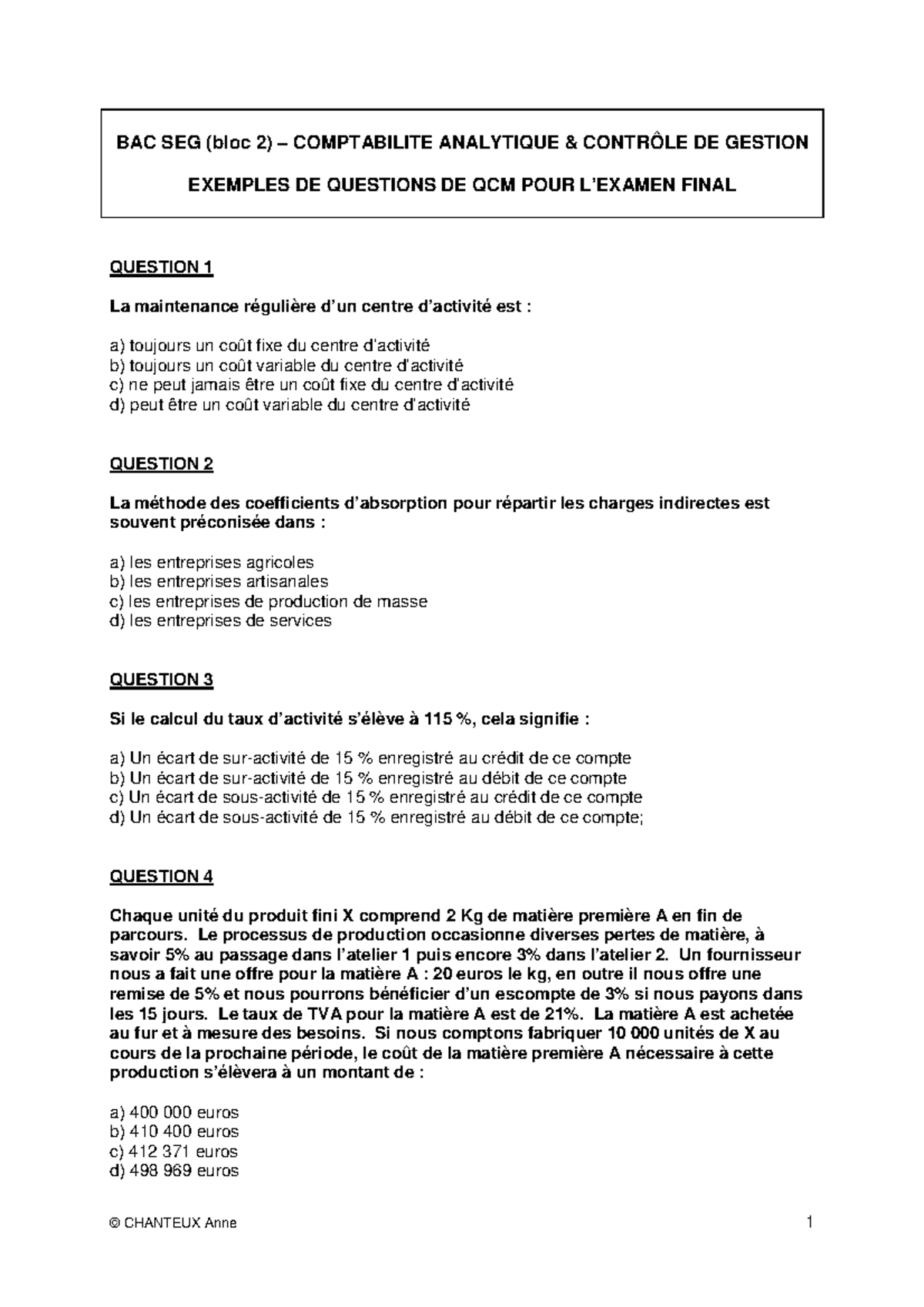 Exemples De Questions De Qcm Pour L Examen Final Sans Solution