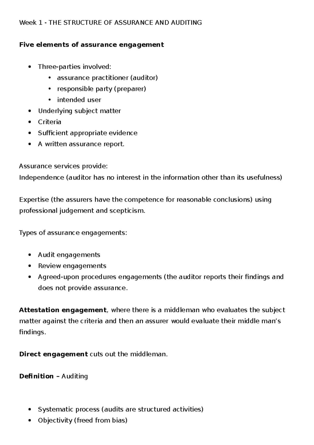 3002 Notes - Week 1 - THE STRUCTURE OF ASSURANCE AND AUDITING Five ...
