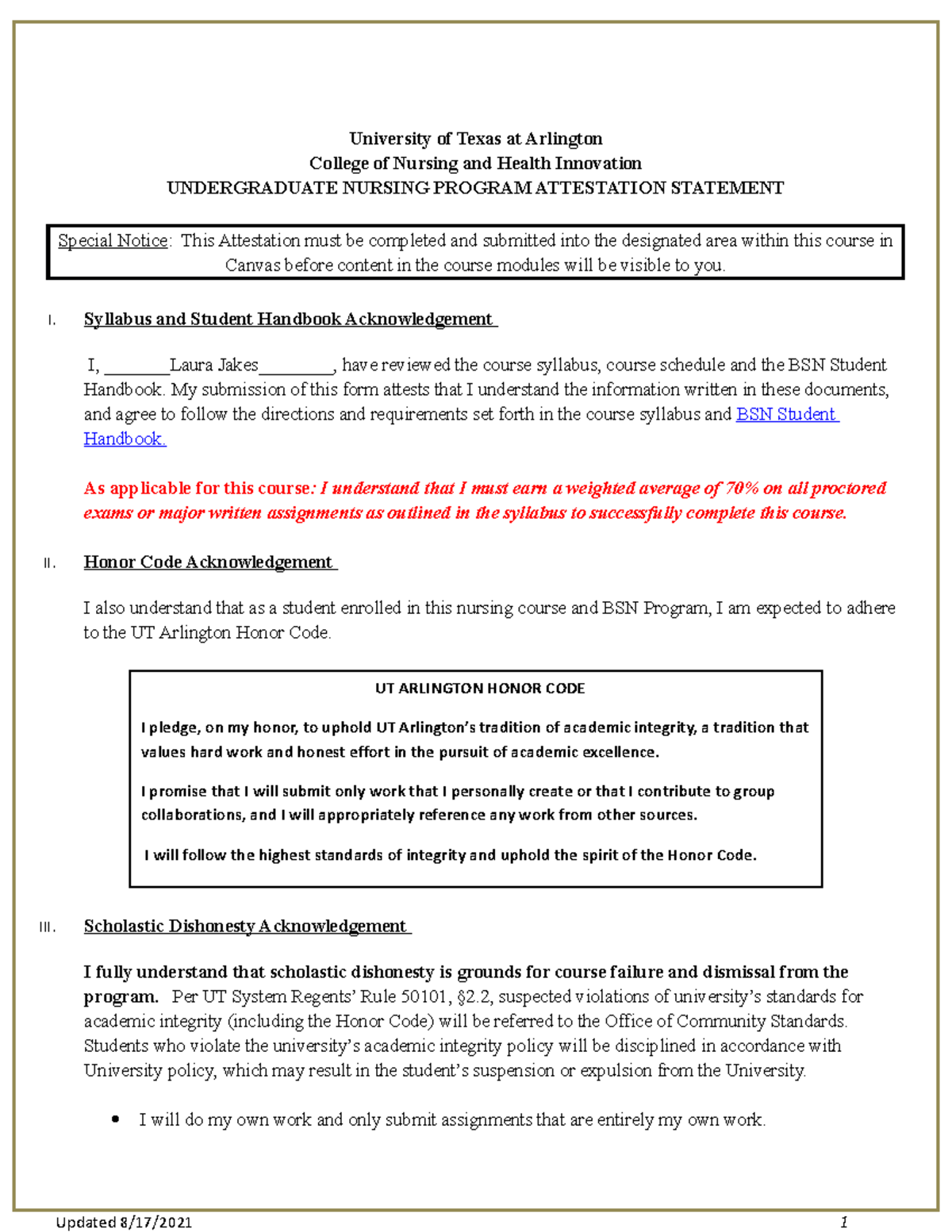 UG BSN Program Attestation Form Fa21AO University of Texas at Arlington College of Nursing