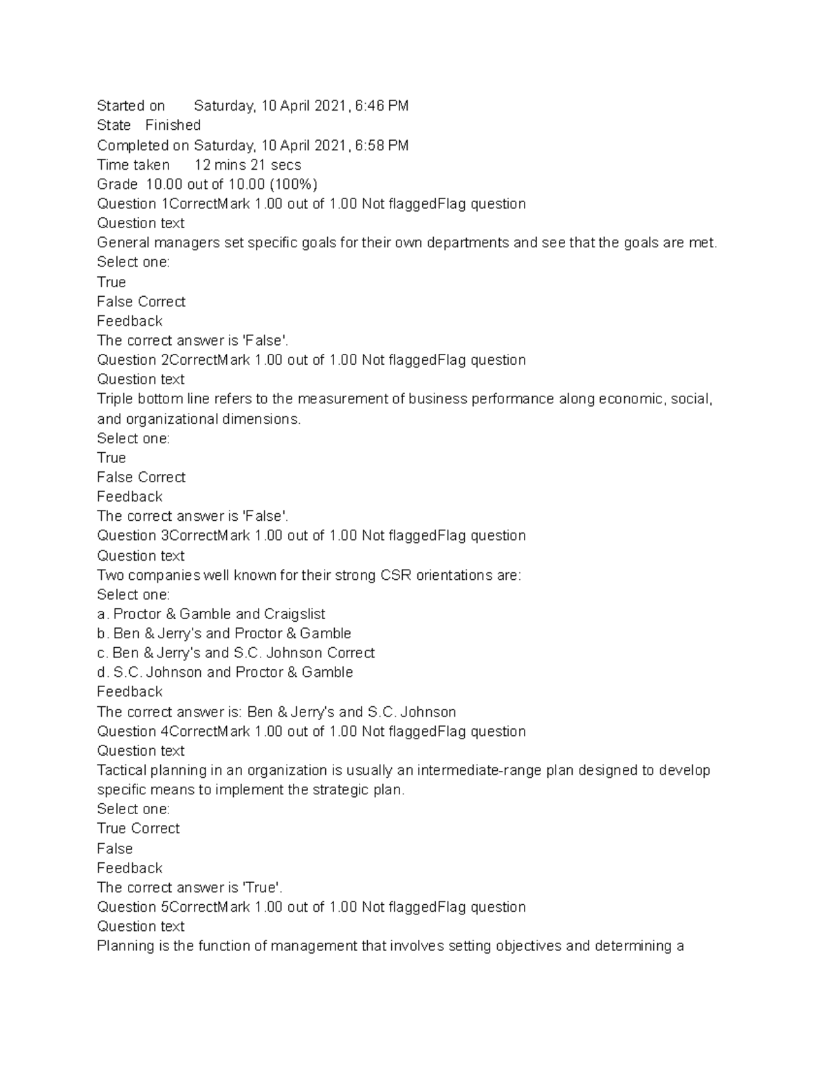 Bus 1101 - Self Quiz Unit 1 - Started on Saturday, 10 April 2021, 6:46 ...