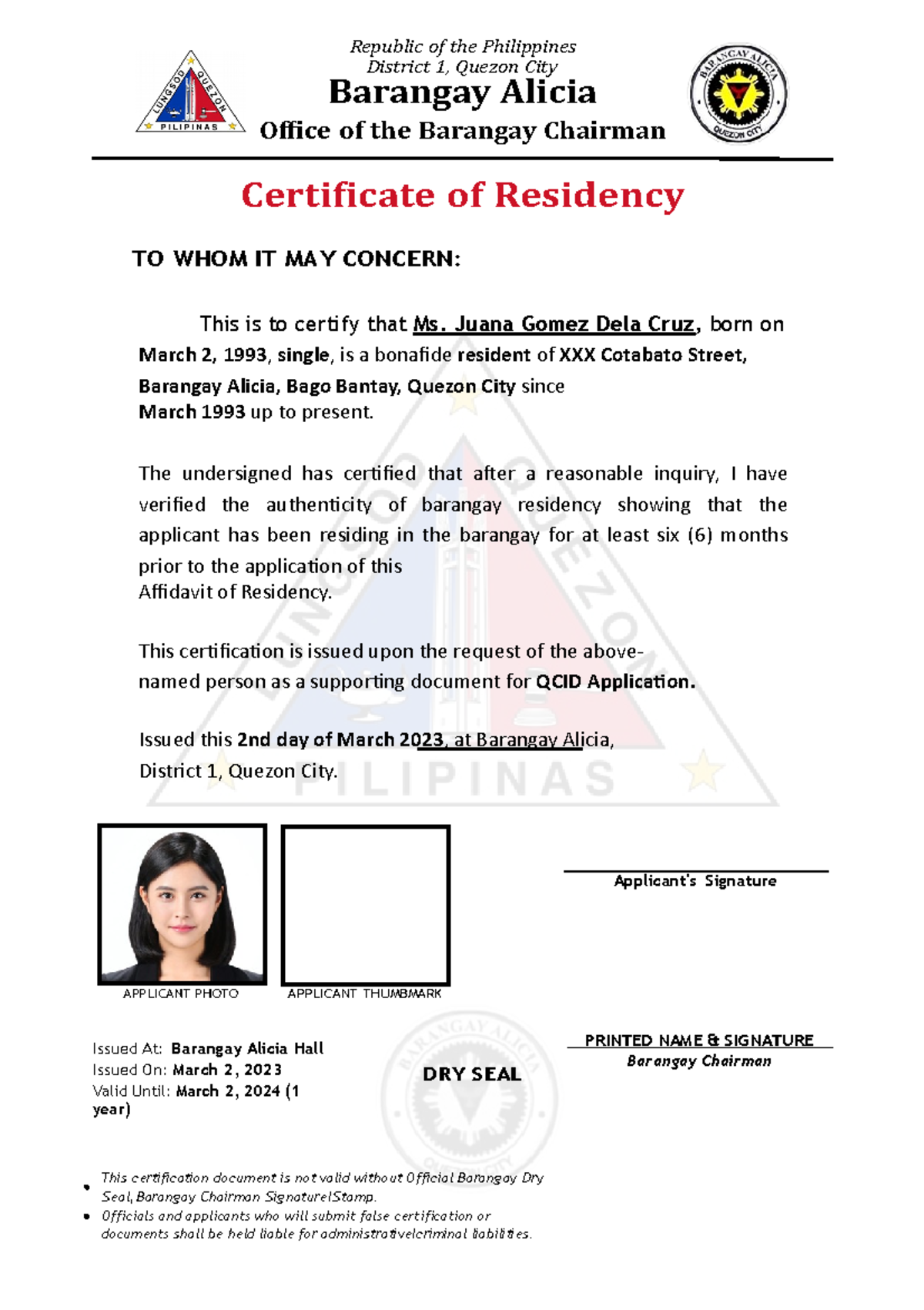 Barangay Certificate of Residency 1 March 2 1993 single is a