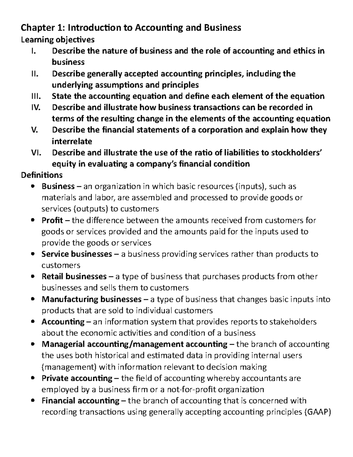 Chapter 1 Notes - Chapter 1: Introduction To Accounting And Business ...