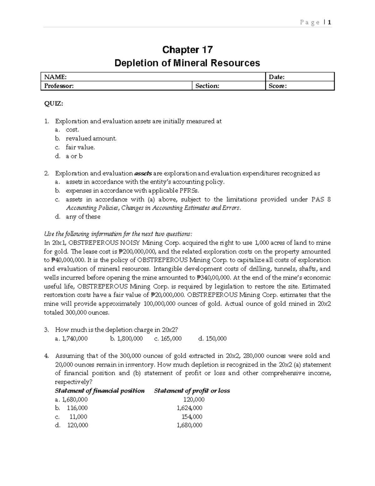 QUIZ Chapter 17 Depletion OF Mineral Resources P a g e 1 Chapter 17