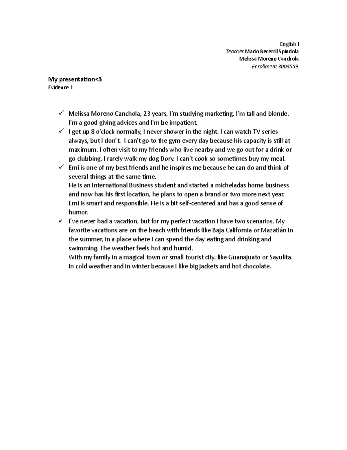 Evidencia 1 inglés I primer semestre English I Teacher Mario Becerril
