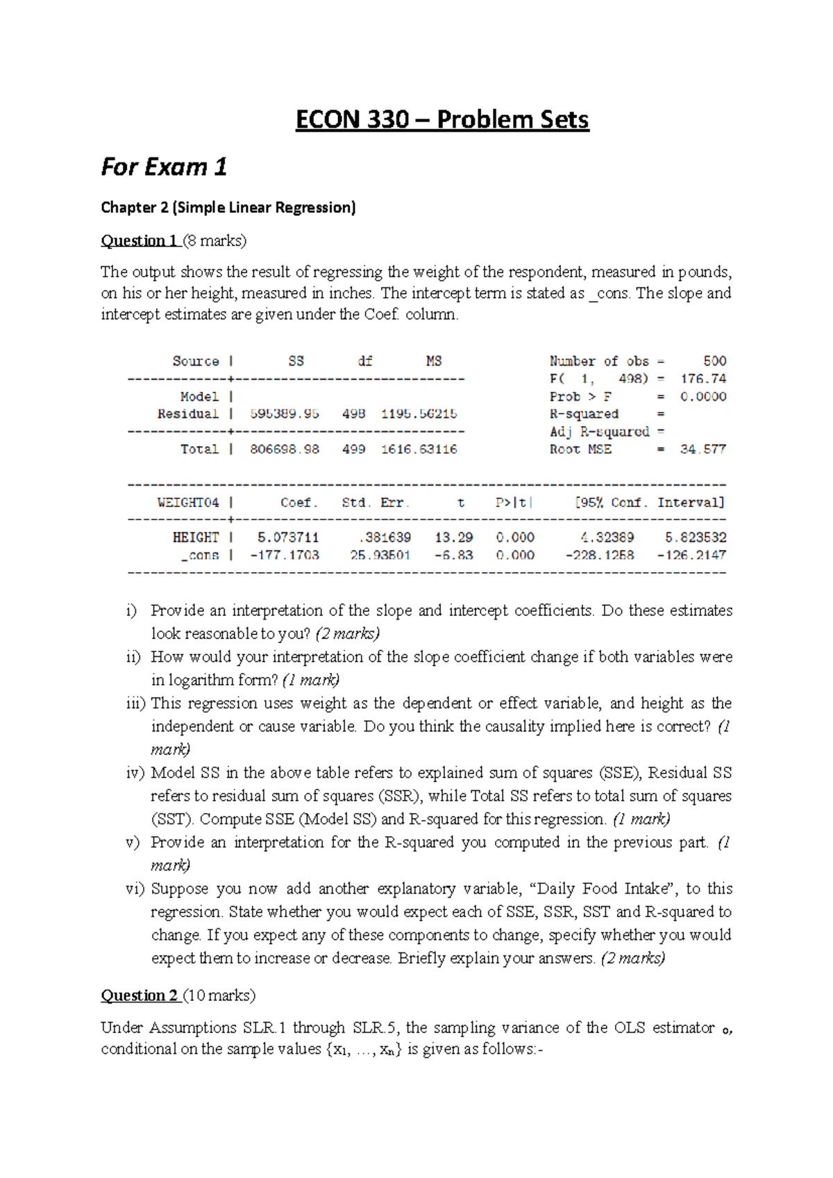 ECON 330 Problem Sets For Simple Linear Regression And Multiple Linear ...