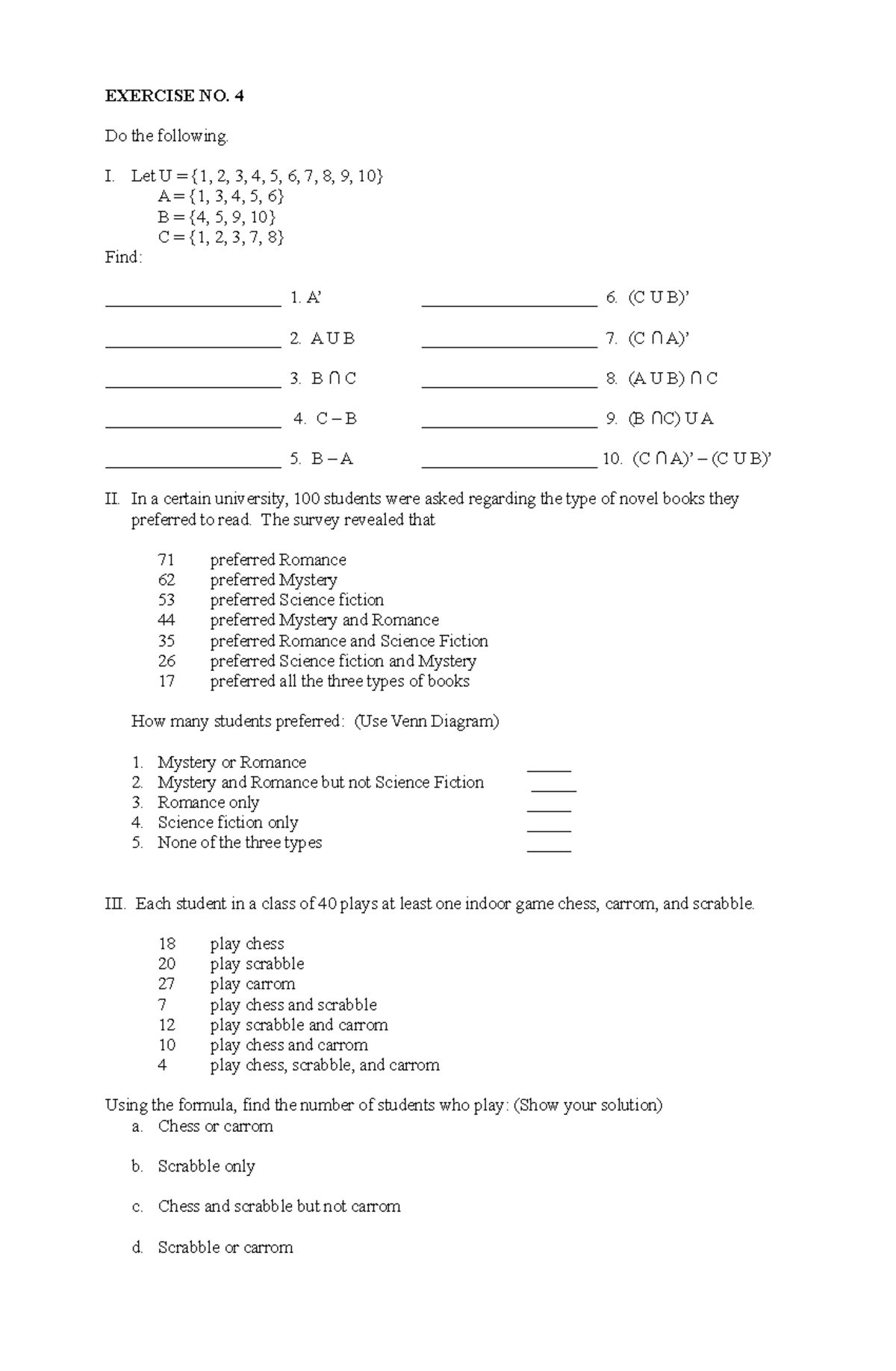 Exer 4 Sets Mathematics in a modern world EXERCISE NO. 4 Do the
