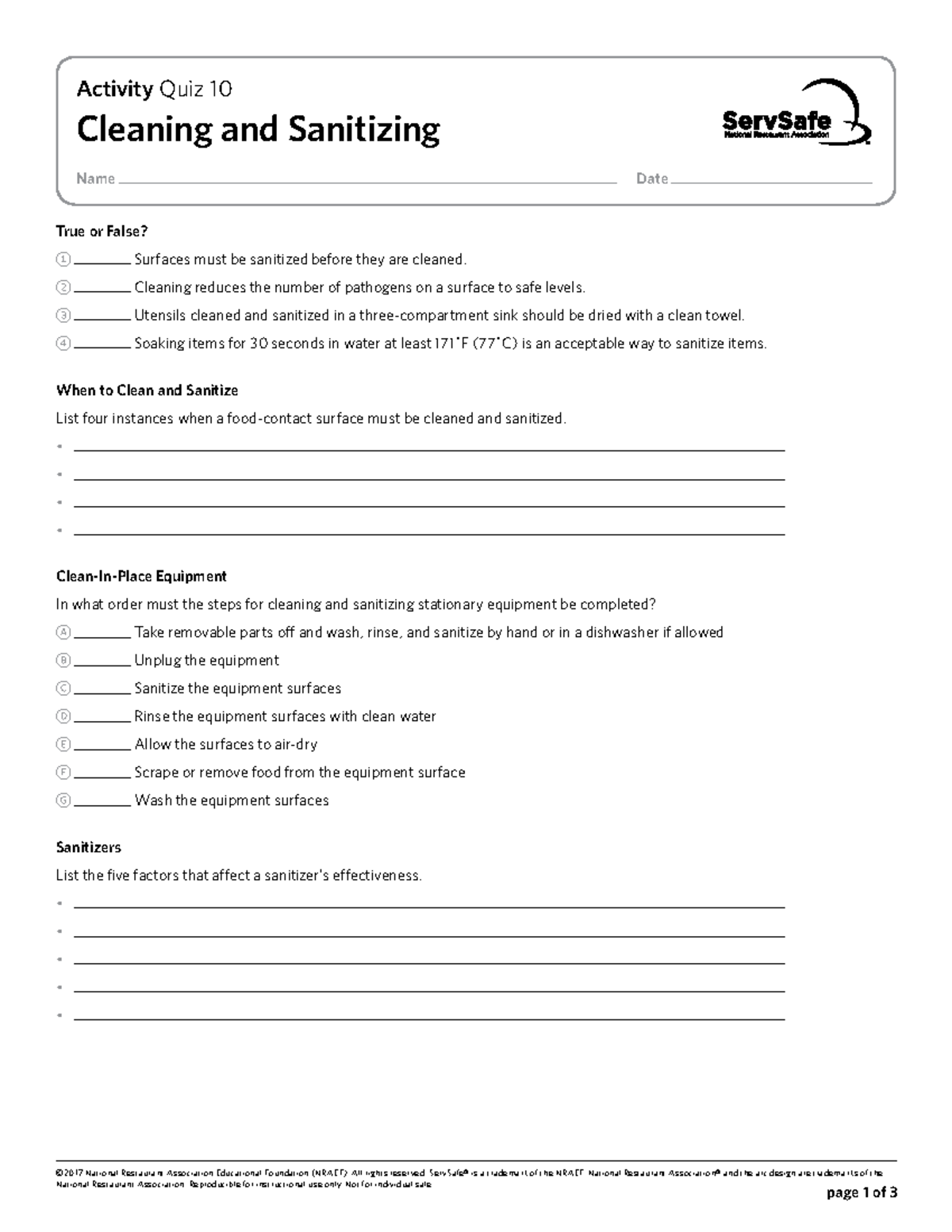 SS 7e Quiz 10 Servsafe Quiz ©2017 National Restaurant Association