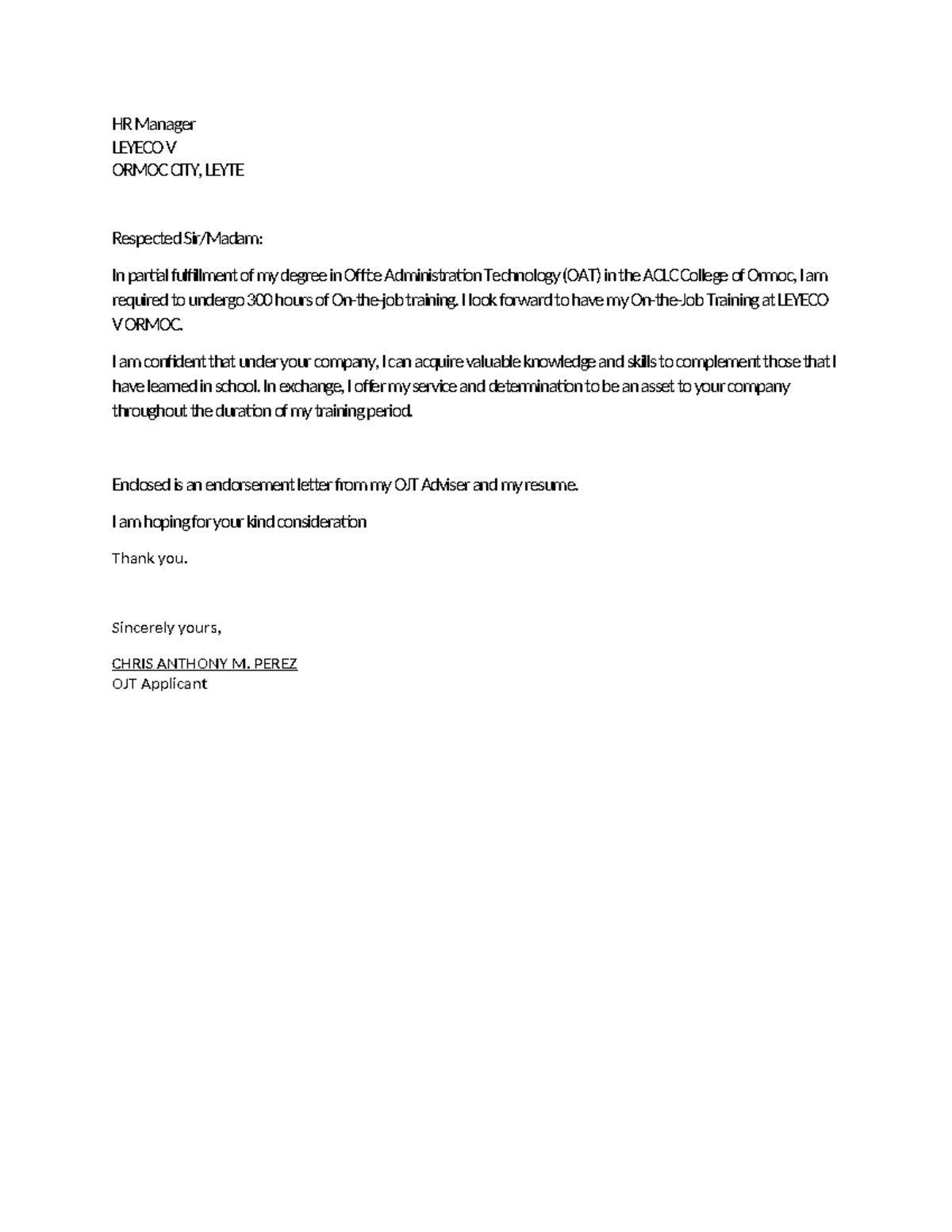 Application Letter - HR Manager LEYECO V ORMOC CITY, LEYTE Respected ...