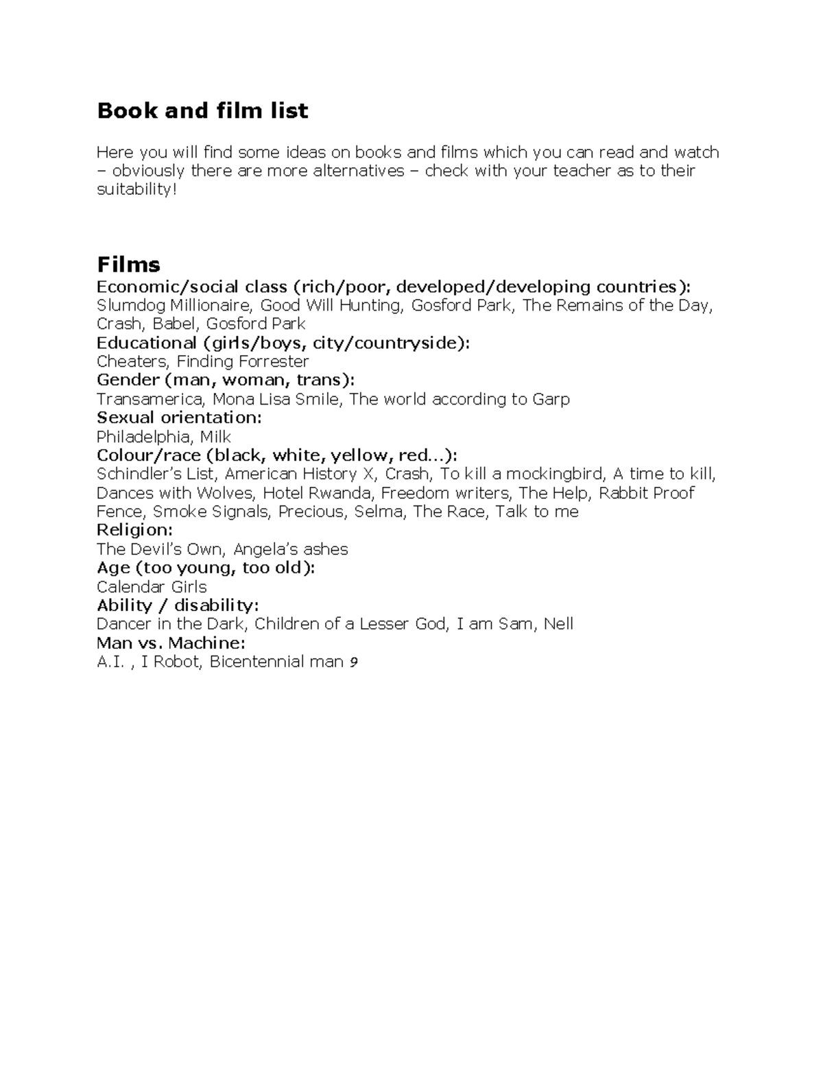 Book and film list - anwsers - Book and film list Here you will find ...