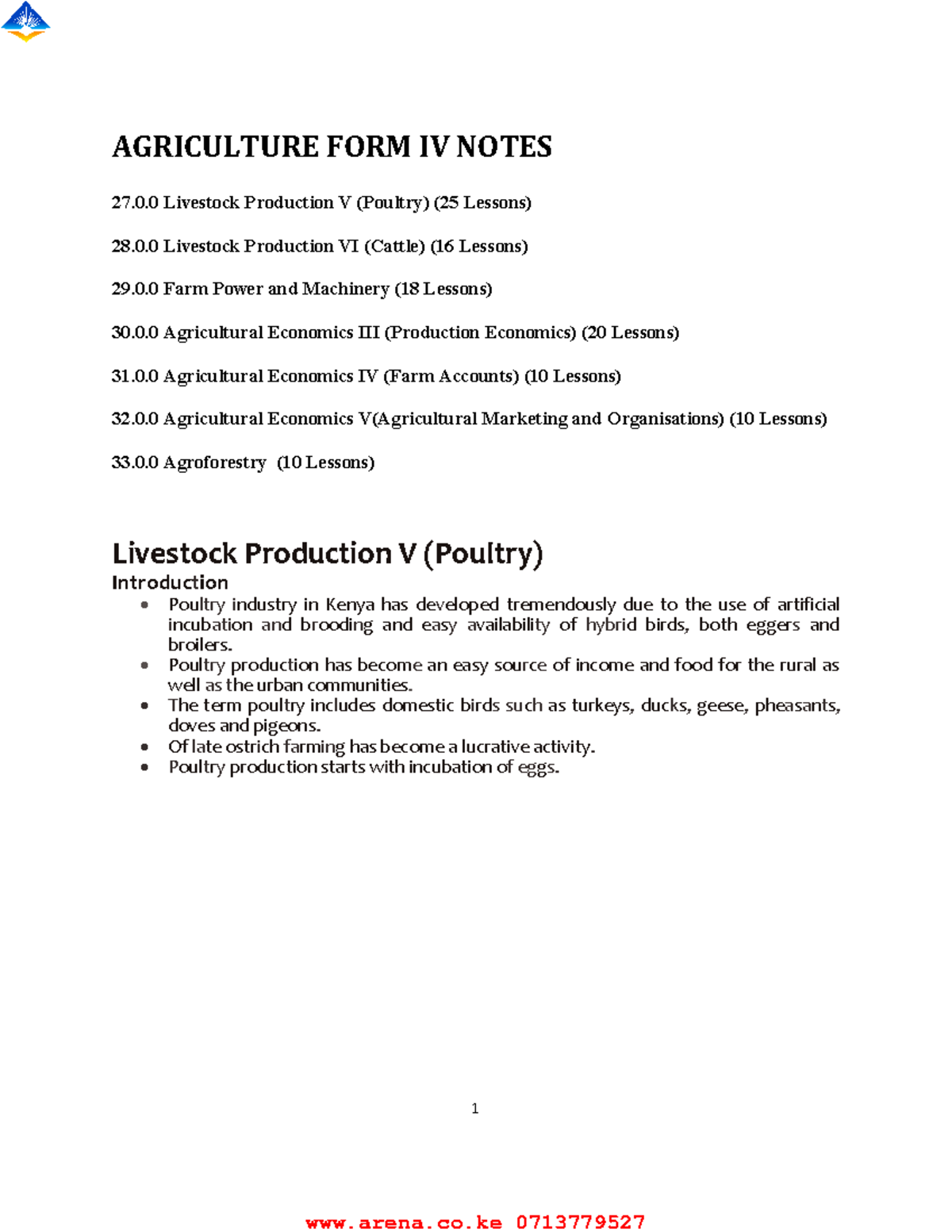 Agriculture FORM 4 Notes 1 AGRICULTURE FORM IV NOTES 27.0 Livestock